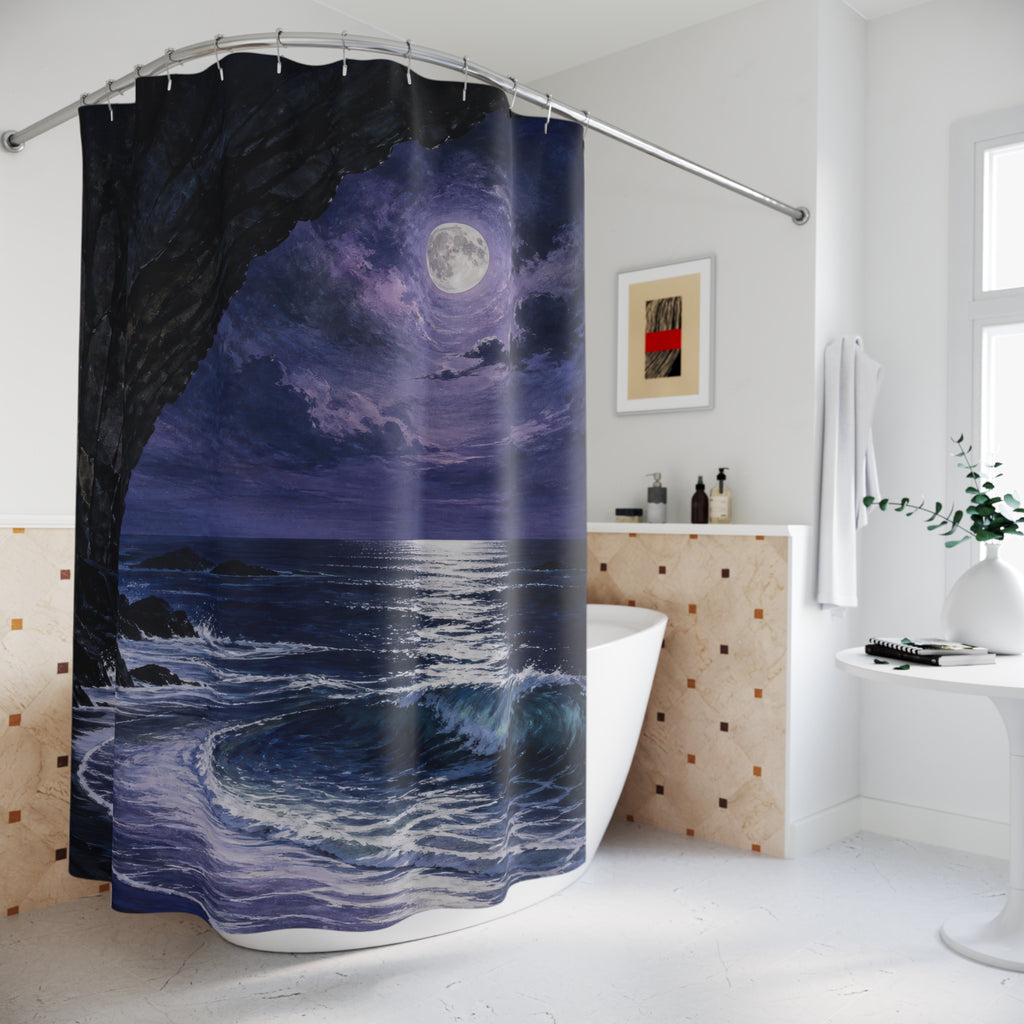 Moonlit ocean cove beneath a dark basalt arch shower curtain beside a freestanding tub
