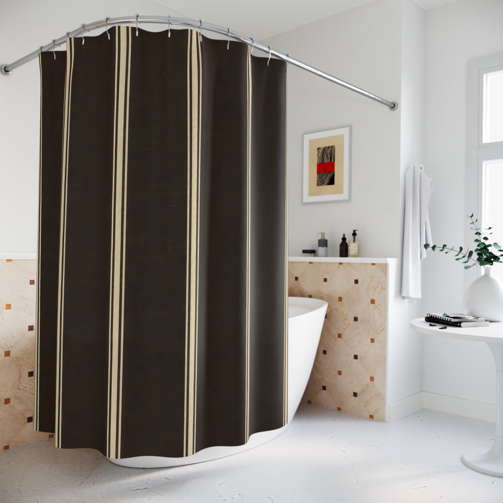 Brown Striped Shower Curtain, Dark Chocolate Bath Decor, Cream Vertical Line Pattern, Moody Black Brown Guest Bathroom Decor Style