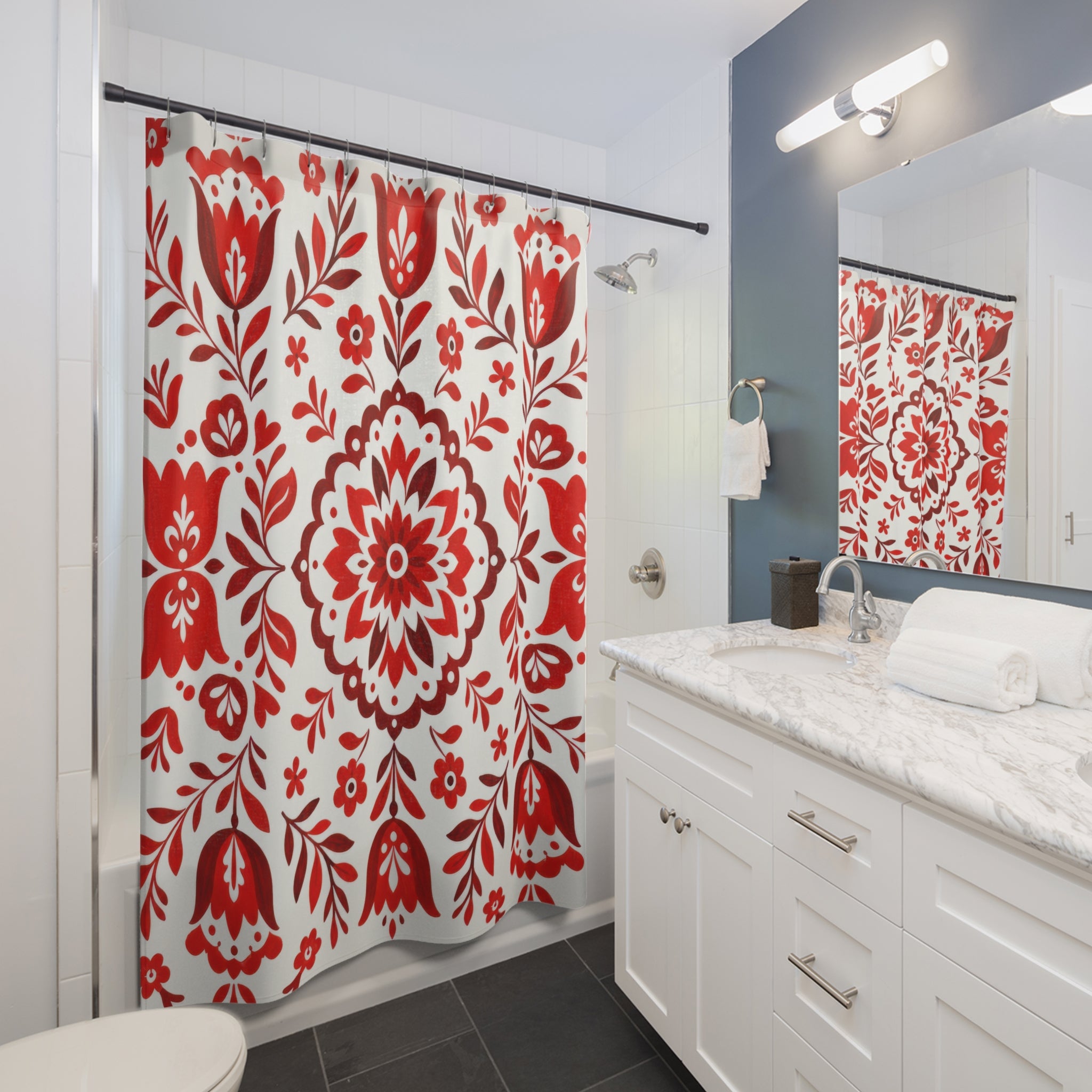 Red White Folk Floral Shower Curtain