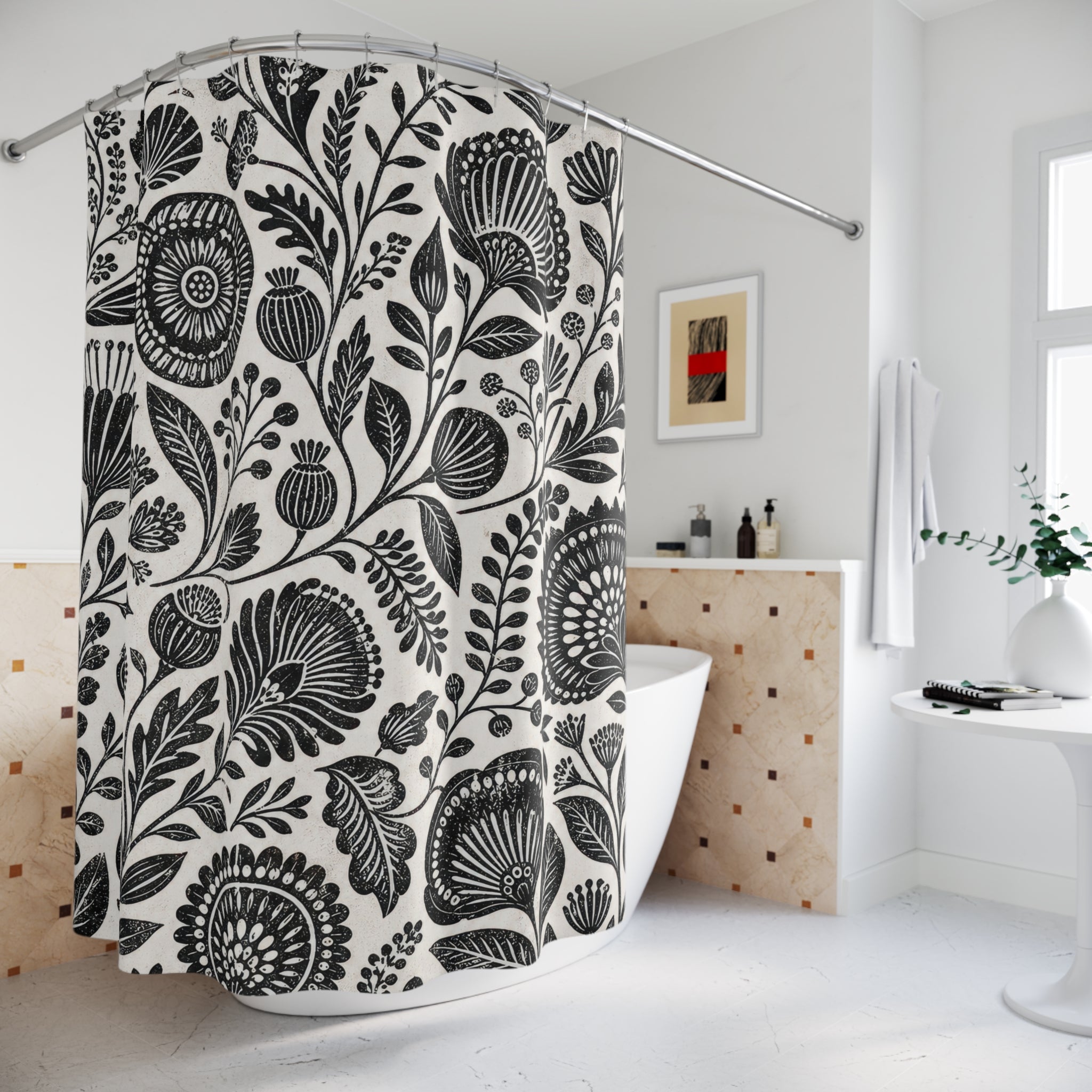 Black White Folk Botanical Shower Curtain