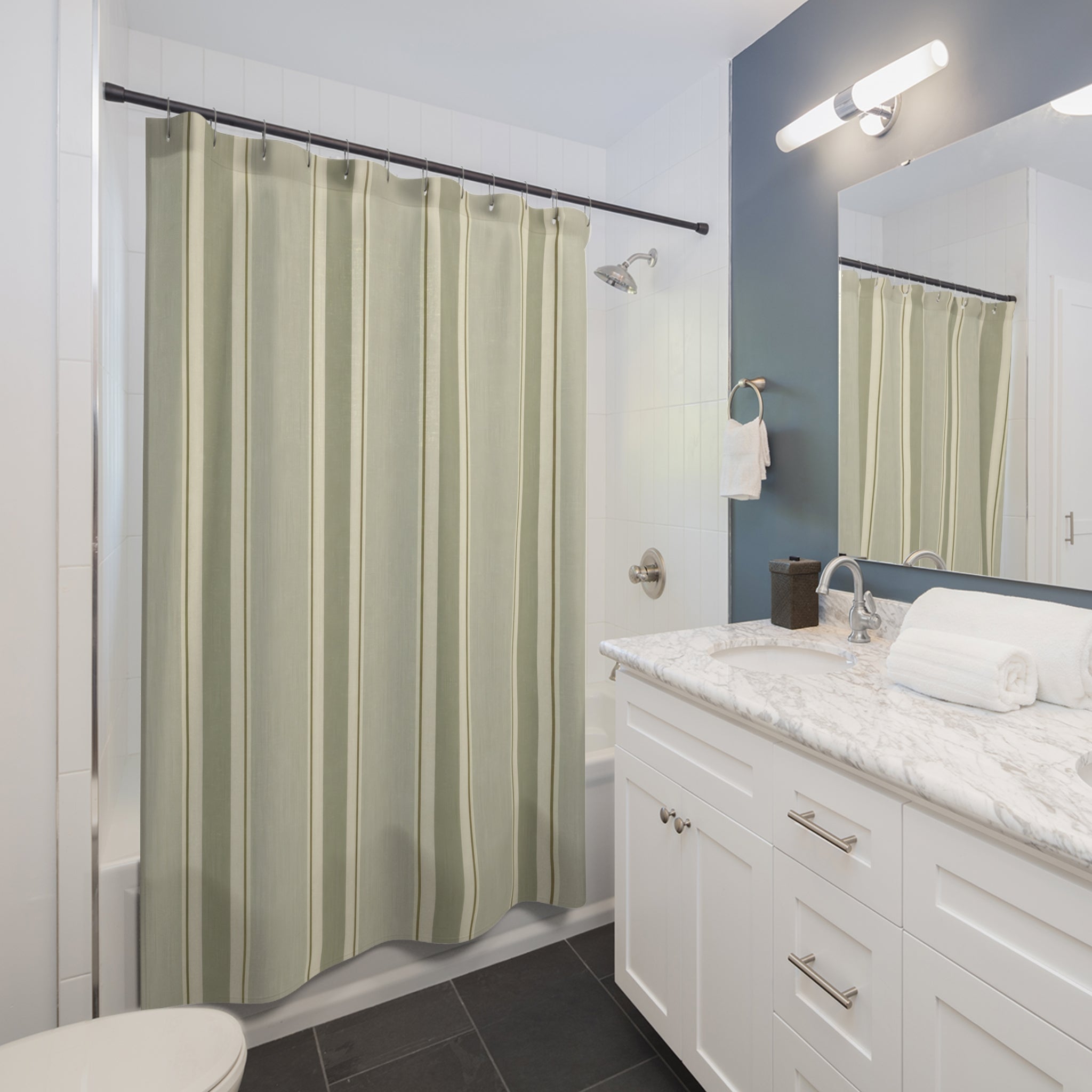 Muted Sage Green White Stripe Shower Curtain