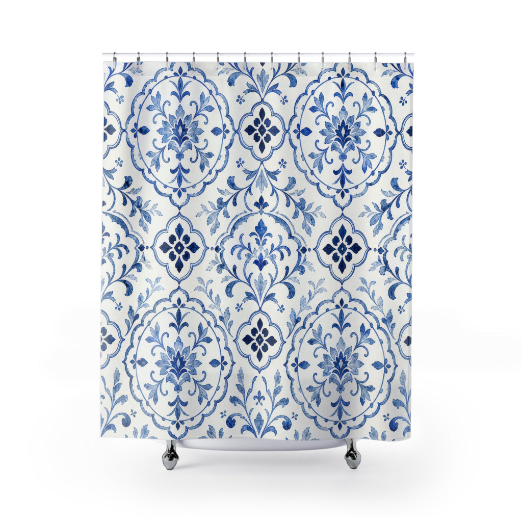 Blue Tile Floral Shower Curtain, Blue White Mediterranean Bath Decor, Tile Pattern Bath Curtain, Guest Bath Decor, Small Bathroom Decor