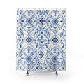 Blue Tile Floral Shower Curtain, Blue White Mediterranean Bath Decor, Tile Pattern Bath Curtain, Guest Bath Decor, Small Bathroom Decor