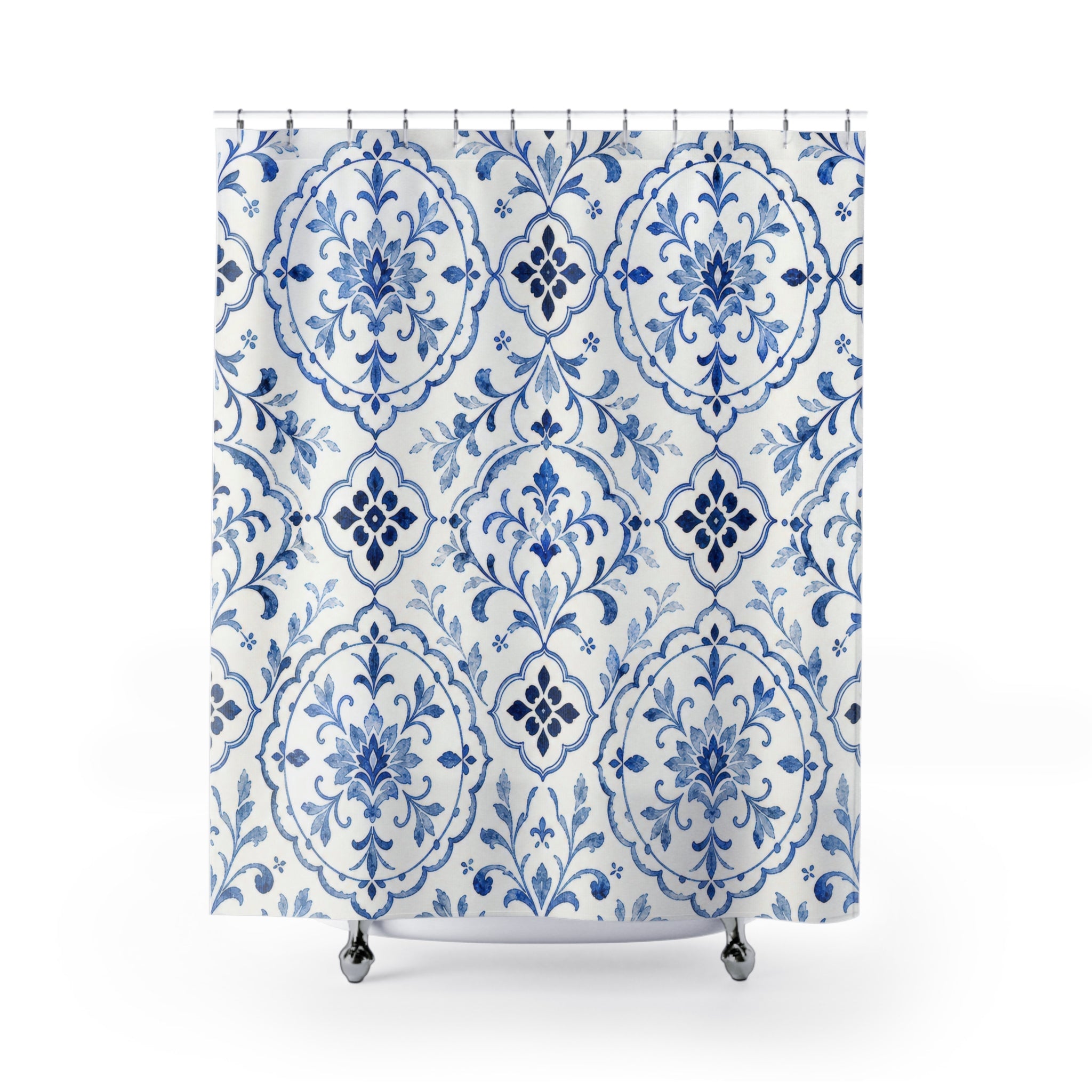 Blue Tile Floral Shower Curtain, Blue White Mediterranean Bath Decor, Tile Pattern Bath Curtain, Guest Bath Decor, Small Bathroom Decor