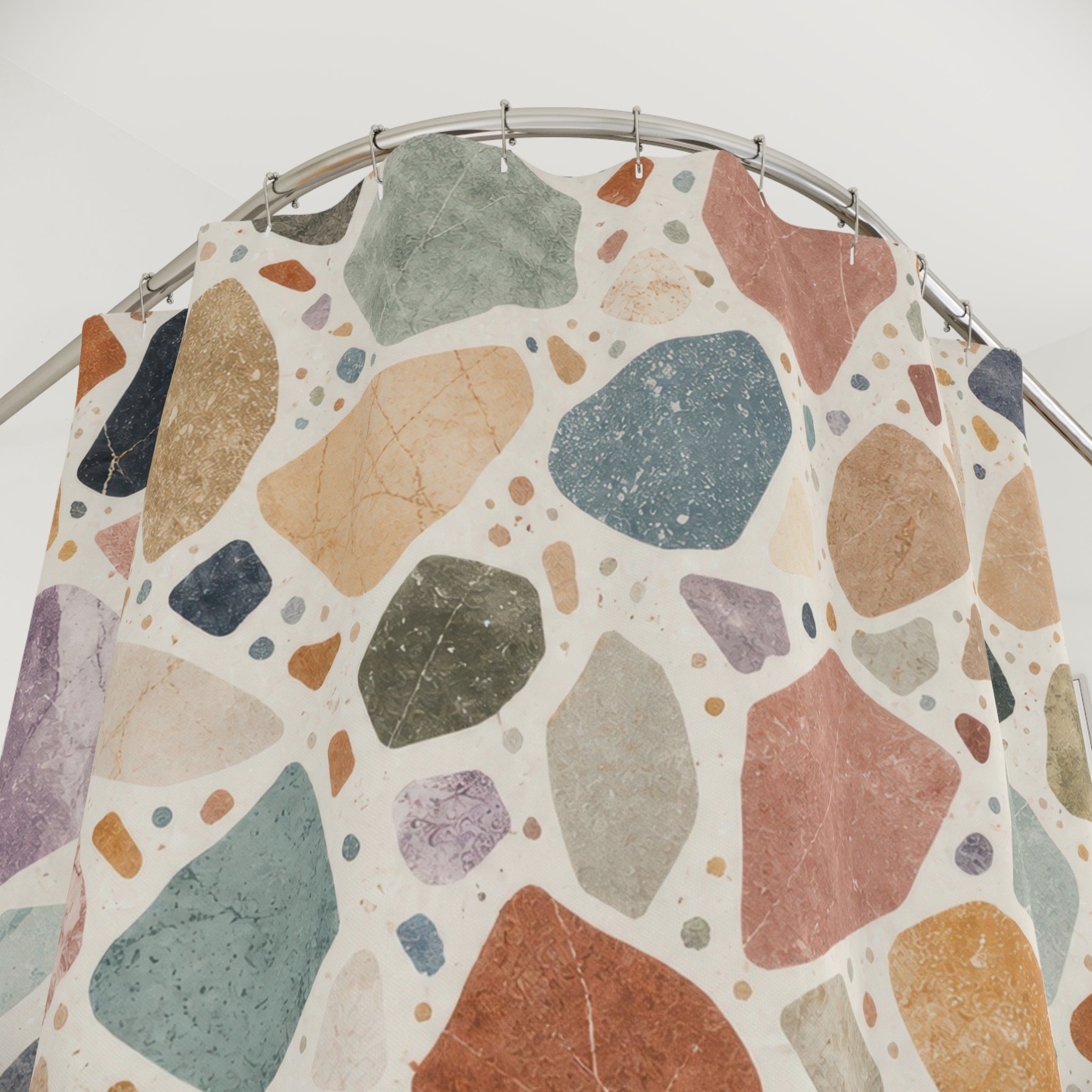 Unique Terrazzo Shower Curtain, Modern Multicolor Stone Chip Pattern, Cream Rust Blue Bathroom Decor, Graphic Guest Bath, Apartment Style