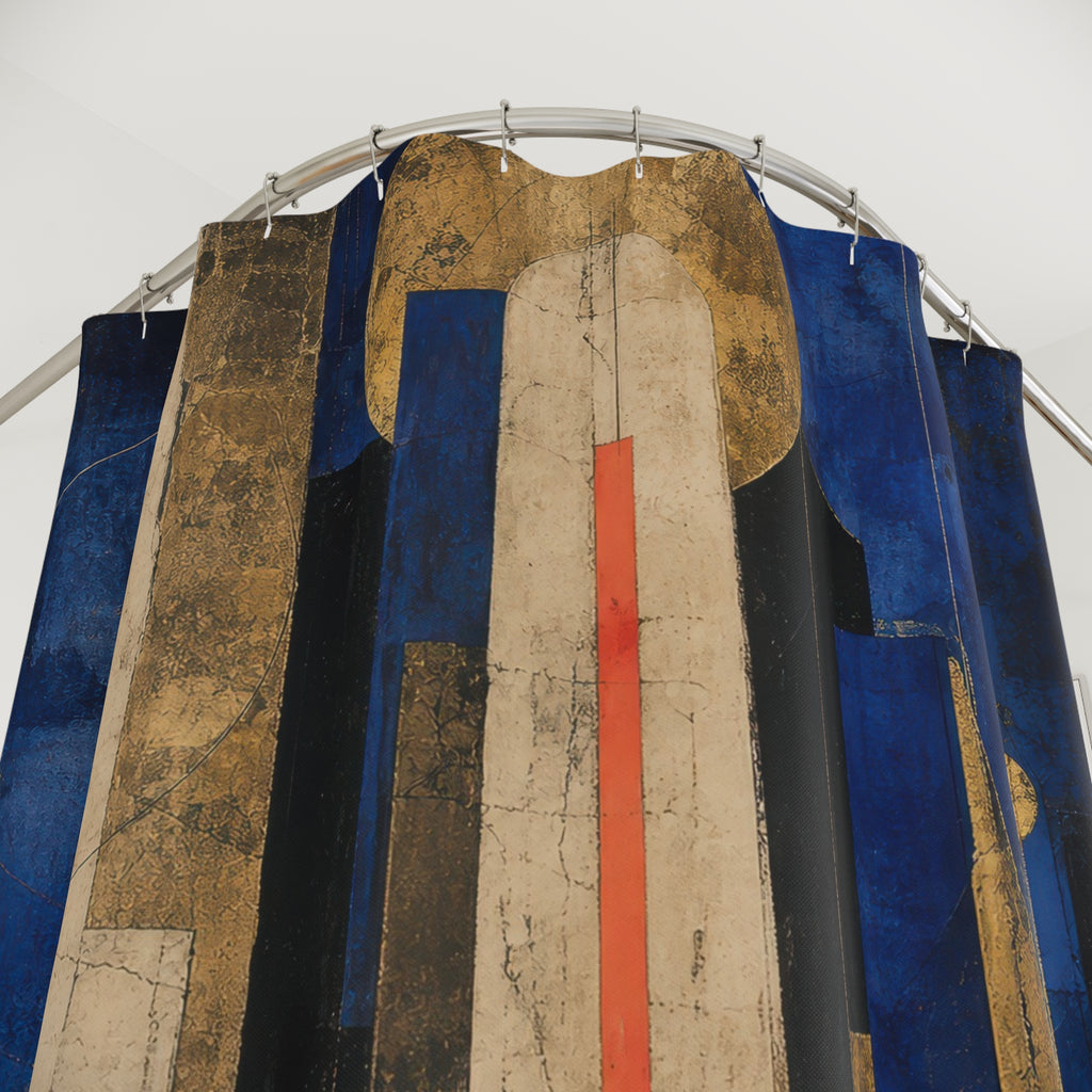 Art Deco Shower Curtain, Navy Blue Gold Architectural Arch, Abstract Geometric Bathroom Decor, Modern Glam Guest Bath Art, Bold Bath Decor
