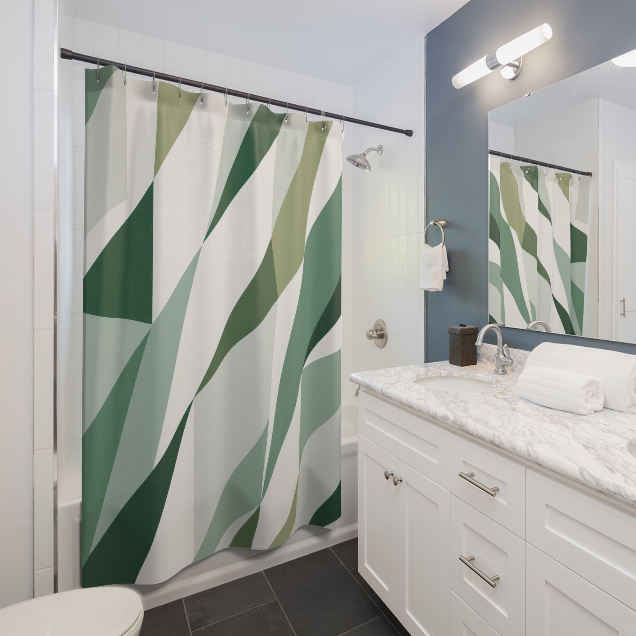 Green Stripe Shower Curtain, White Geometric Bath Decor, Diagonal Sage Pattern, Modern Guest Bathroom Decor, Angled Green Style Decor