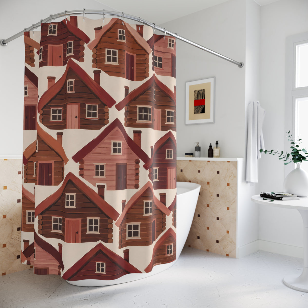 Terracotta and rose log cabin pattern shower curtain beside a freestanding tub