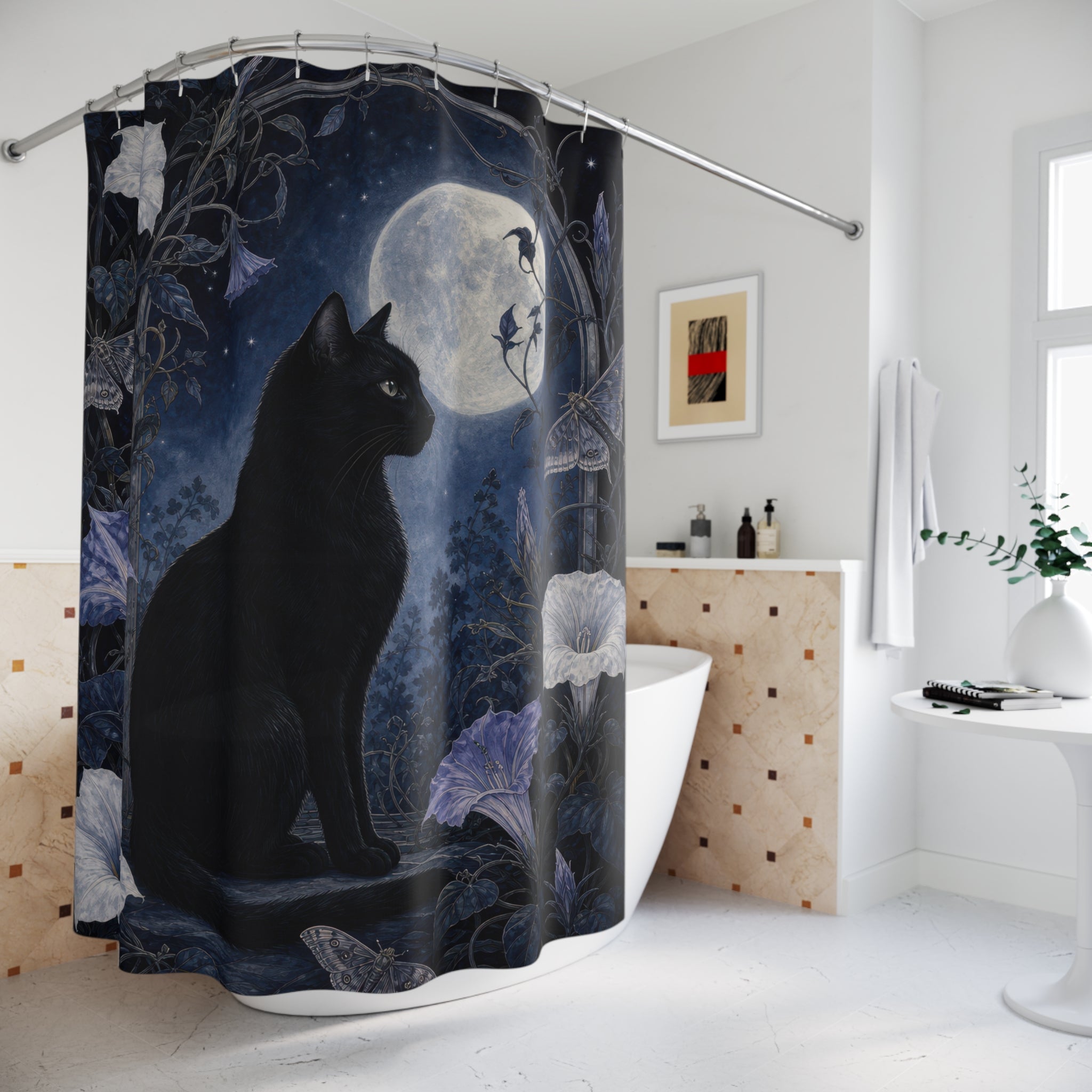 Moonlit Black Cat Shower Curtain