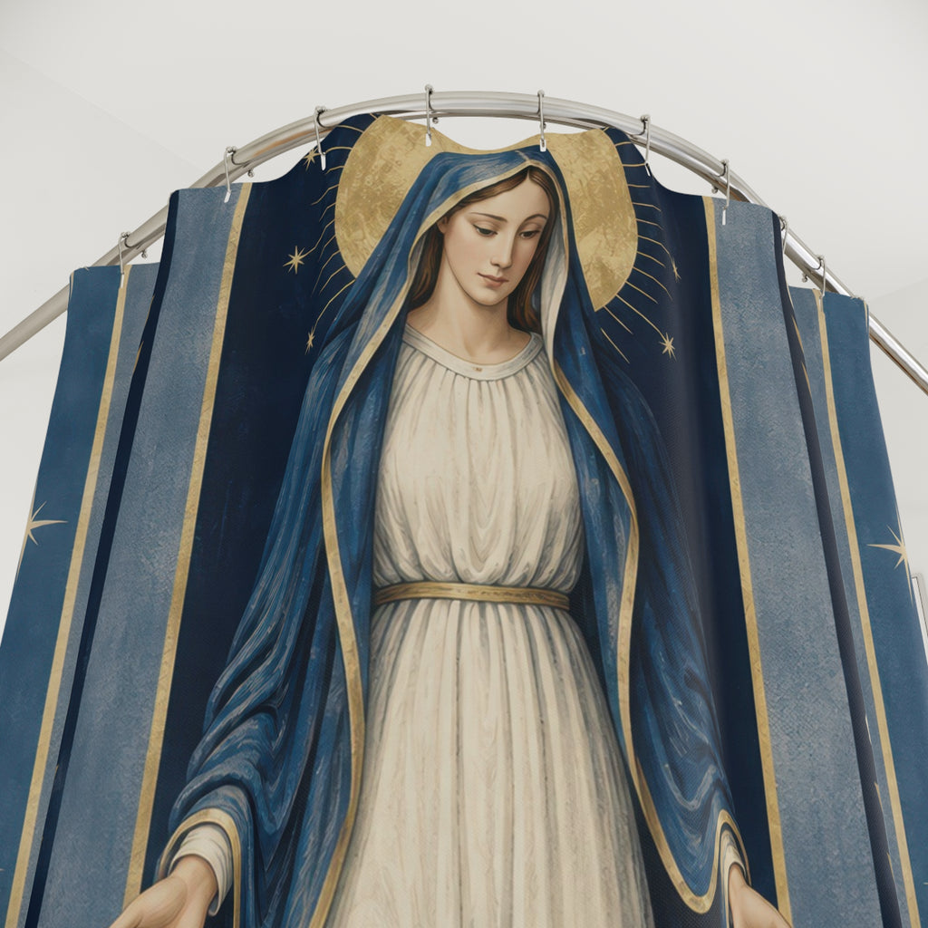 Virgin Mary with indigo stripes and ivory roses shower curtain with close-up print, hooks, and folds
