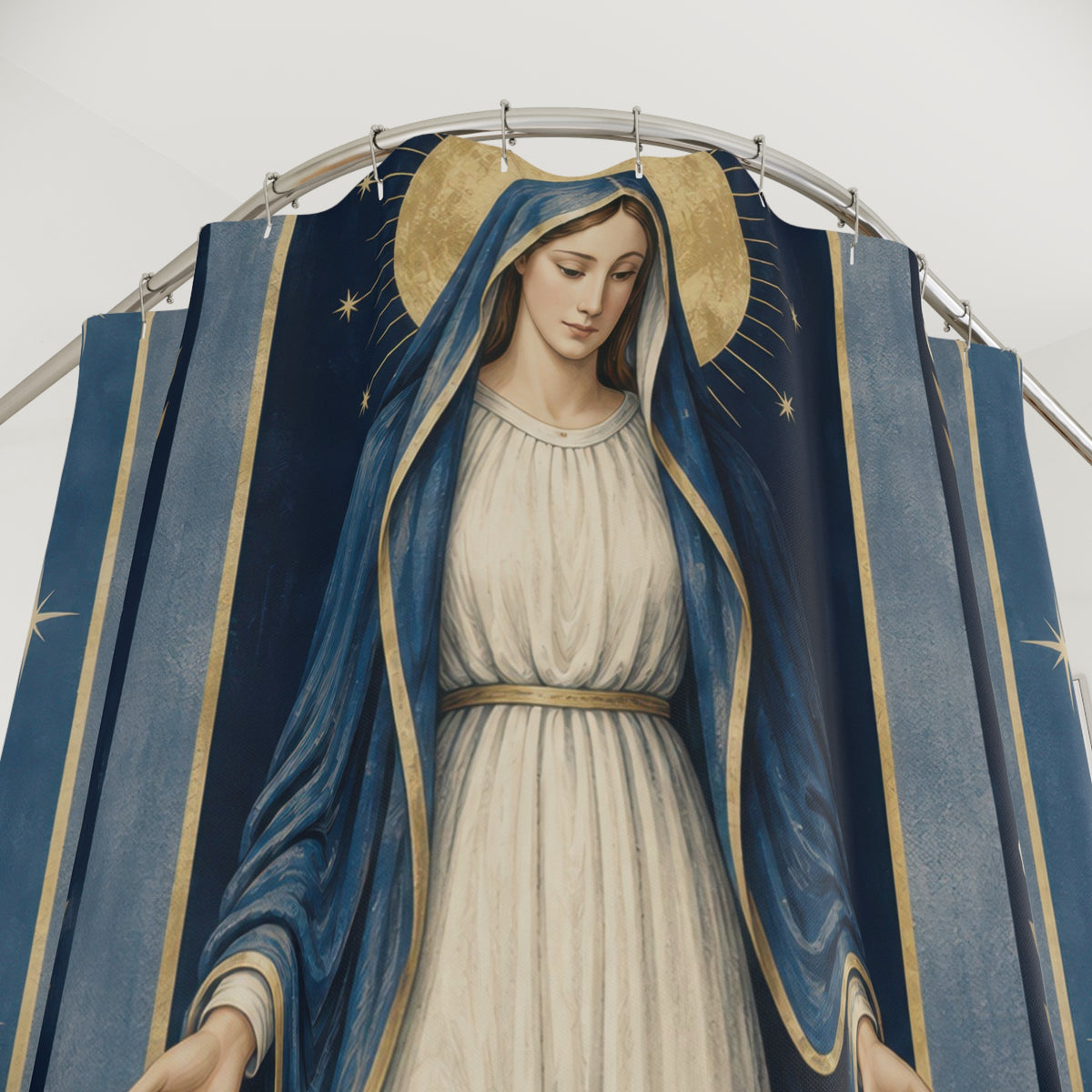 Virgin Mary with indigo stripes and ivory roses shower curtain with close-up print, hooks, and folds