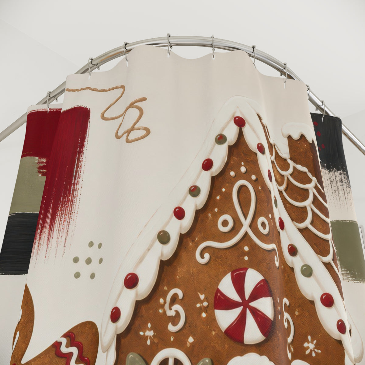 Gingerbread cookies and house in a modern collage shower curtain with close-up print, hooks, and folds