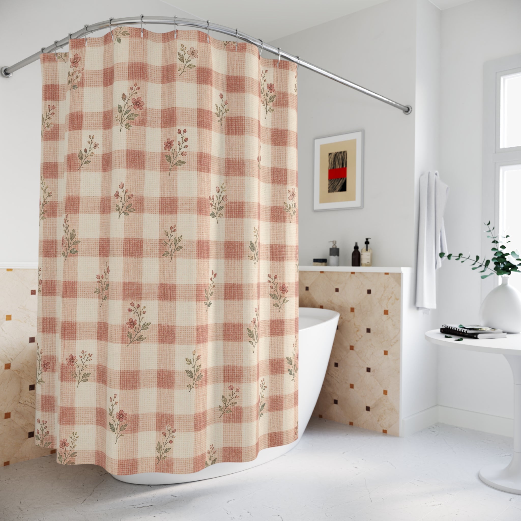 Red Gingham Floral Country Shower Curtain