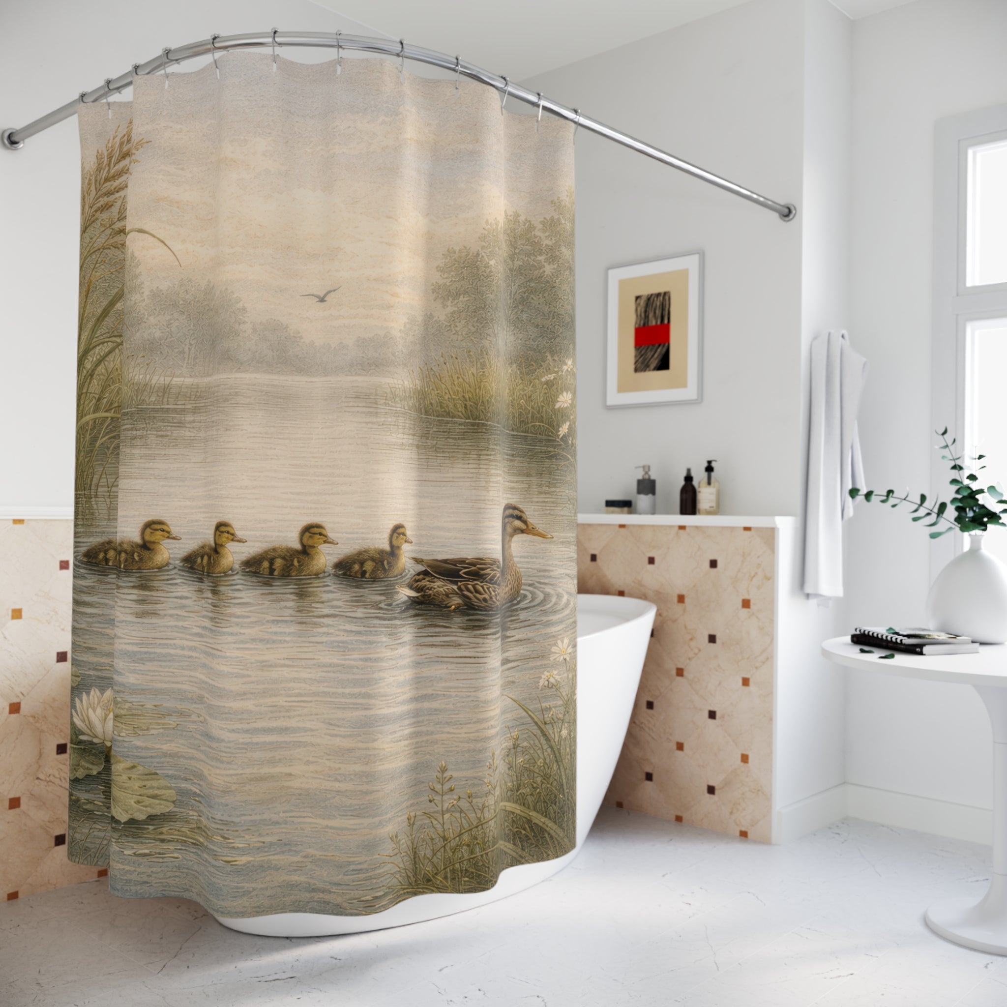 Duck Mother & Ducklings Shower Curtain – Pond Watercolor