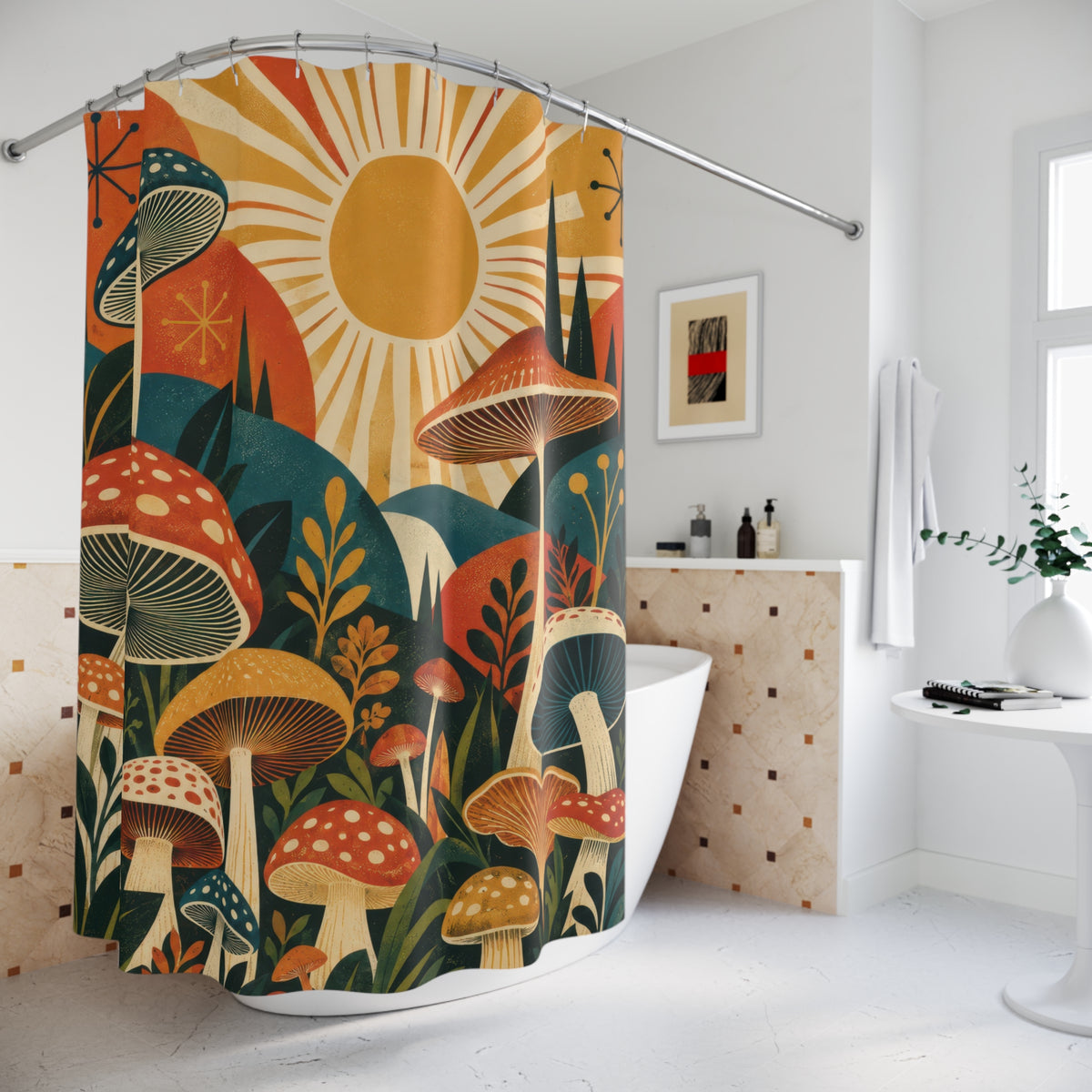 Vintage mushroom garden in orange teal and mustard shower curtain beside a freestanding tub