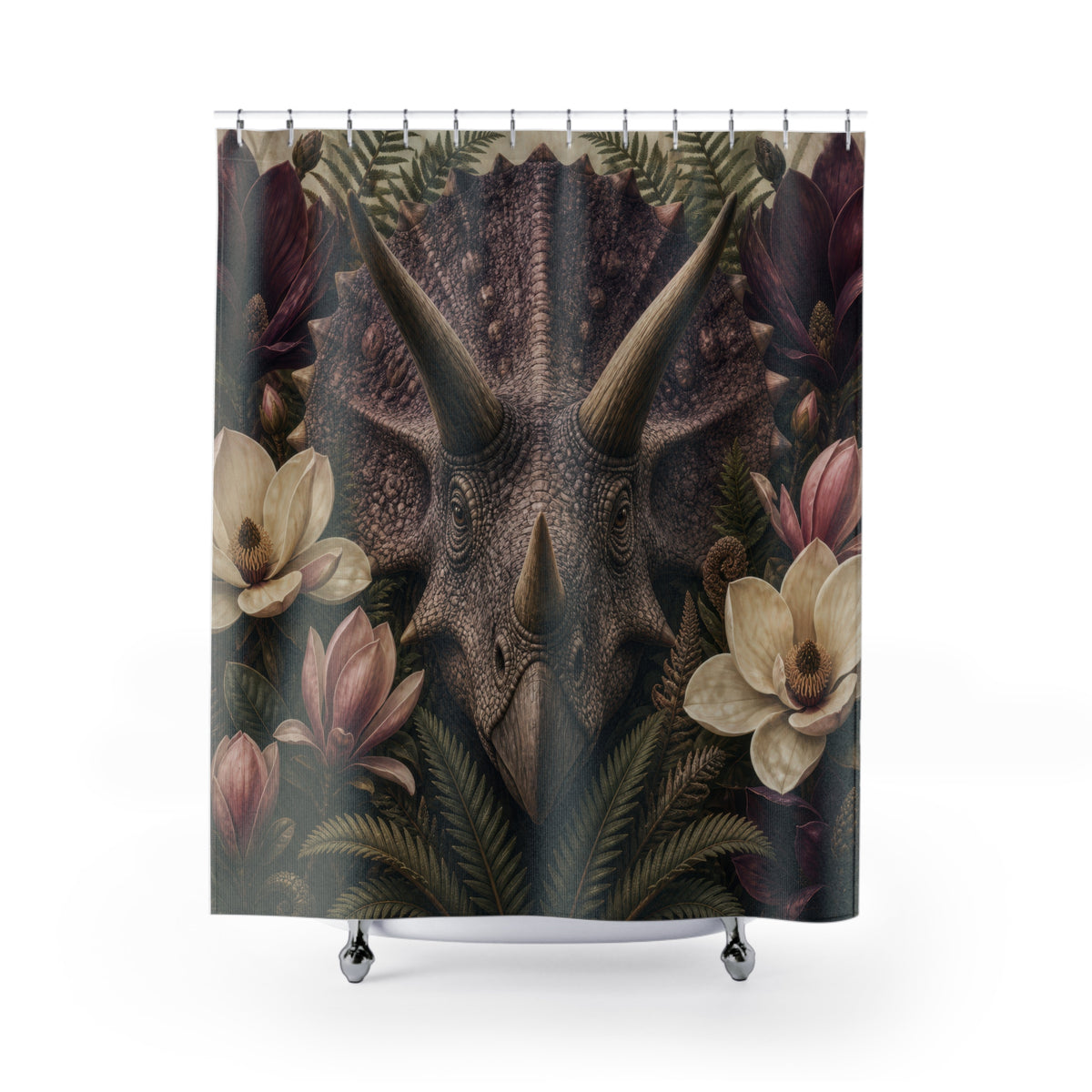 Triceratops portrait framed by plum flowers shower curtain, full front view