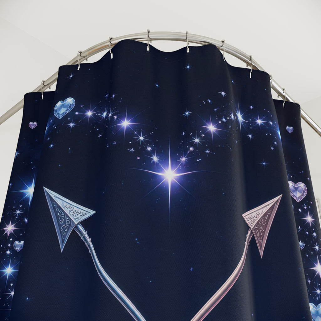 Heart constellation with crossed arrows in navy sky shower curtain with close-up print, hooks, and folds