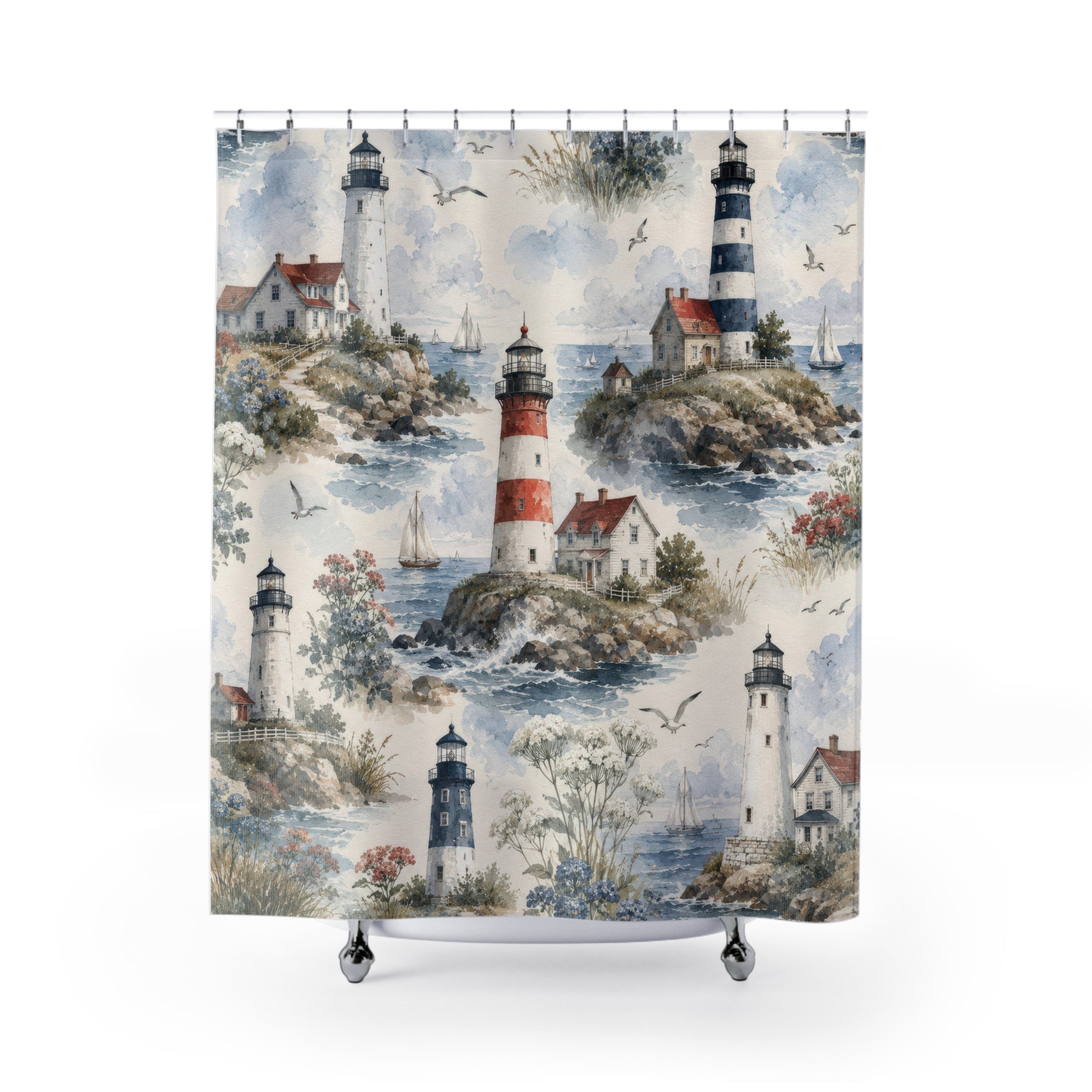 Lighthouse Shower Curtain: Coastal Watercolor