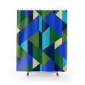Interlocking blue, aqua and green facets with cream accents shower curtain with full front view