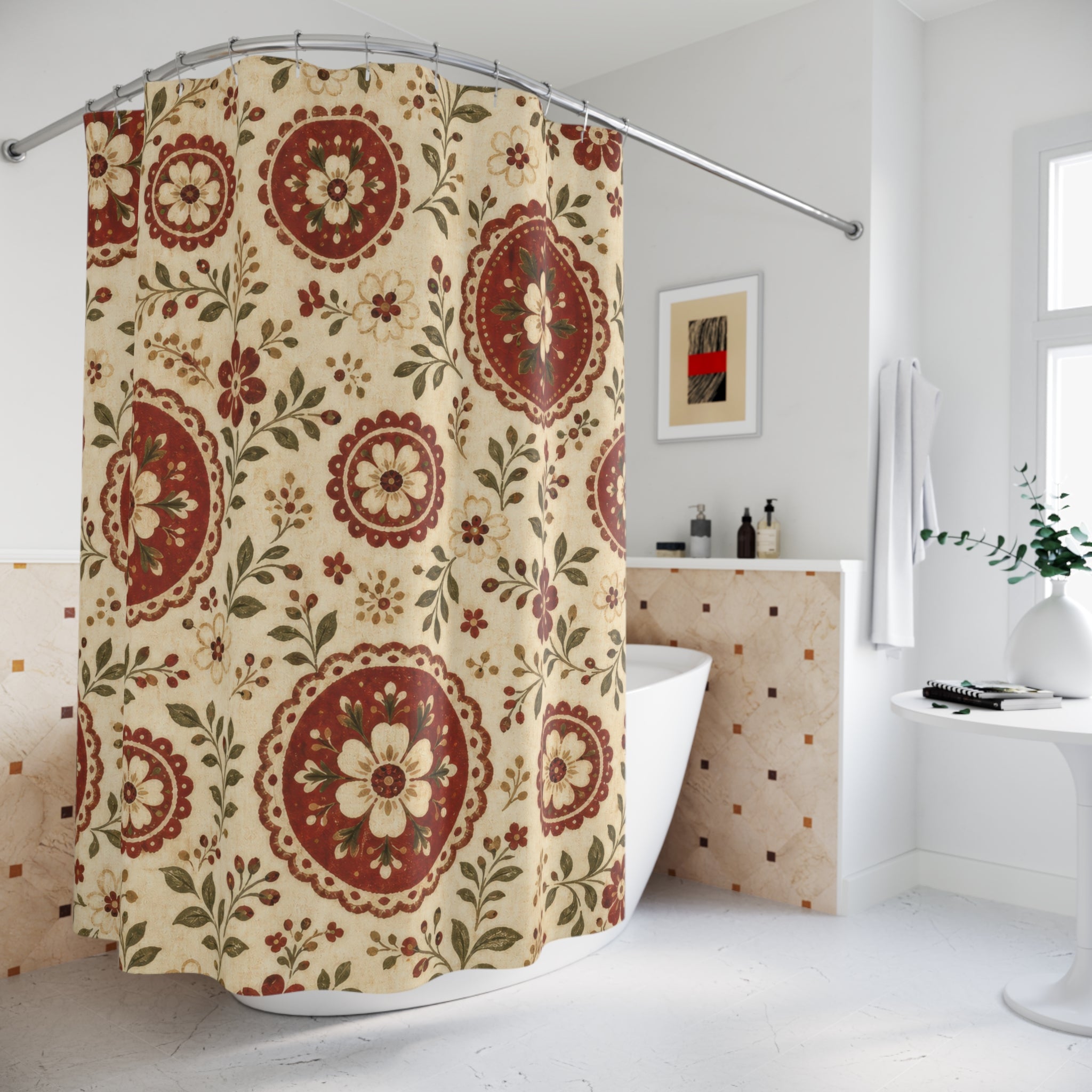 Red Floral Medallion Shower Curtain