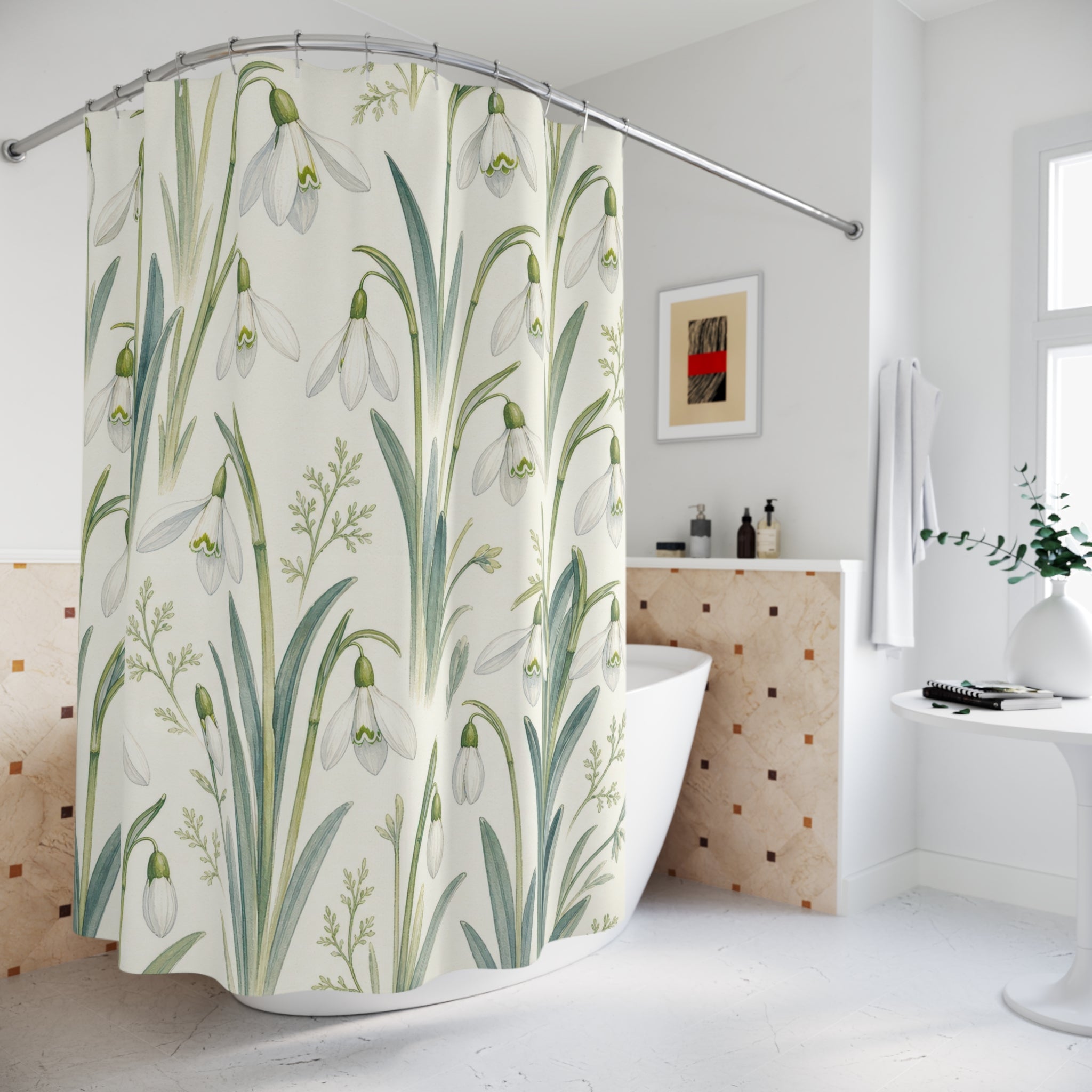 Spring White Botanical Floral Shower Curtain