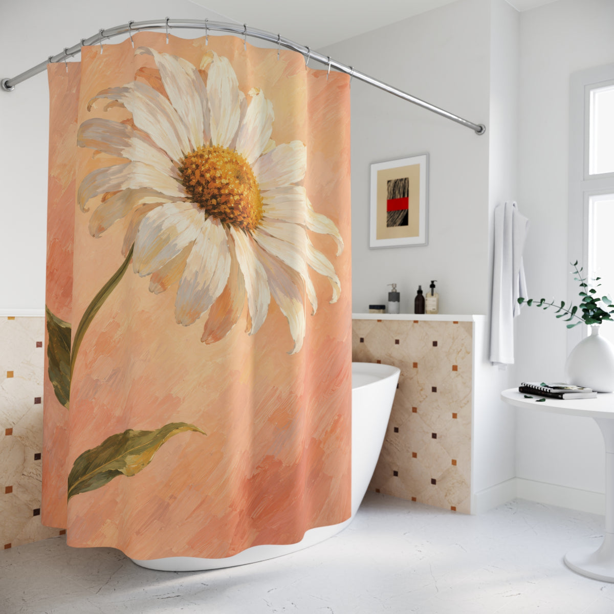 Peach field with one ivory daisy shower curtain beside a freestanding tub