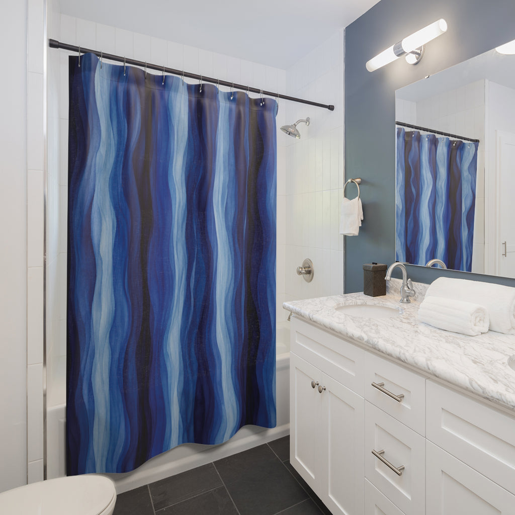 Navy Cobalt Ripple Stripe Wavy Blue Abstract Coastal Shower Curtain