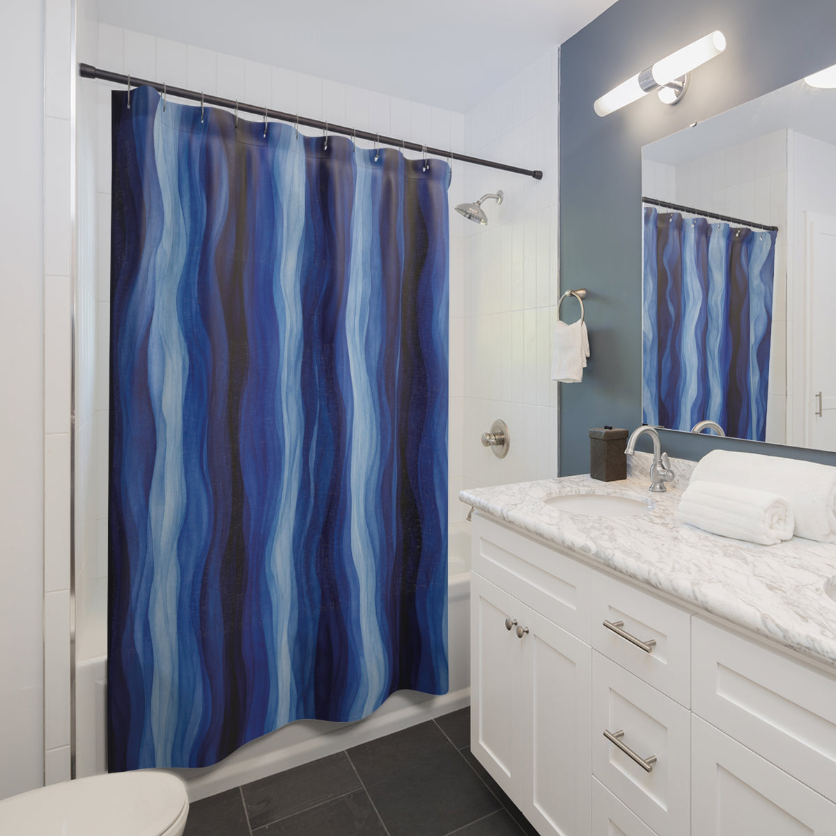 Navy Cobalt Ripple Stripe Wavy Blue Abstract Coastal Shower Curtain