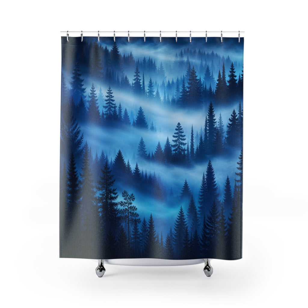Layers of blue pine forest emerging through mist shower curtain with full front view