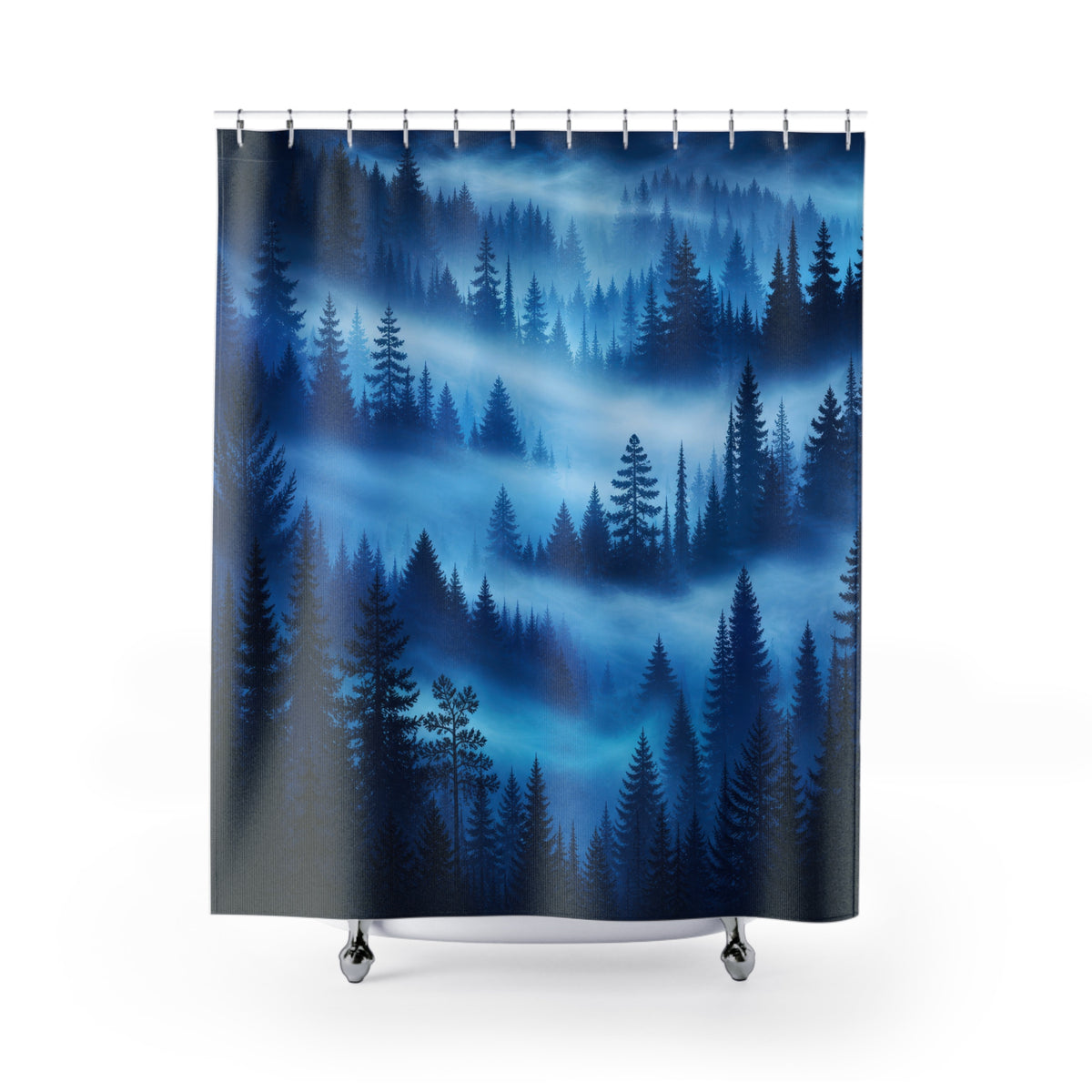 Layers of blue pine forest emerging through mist shower curtain with full front view