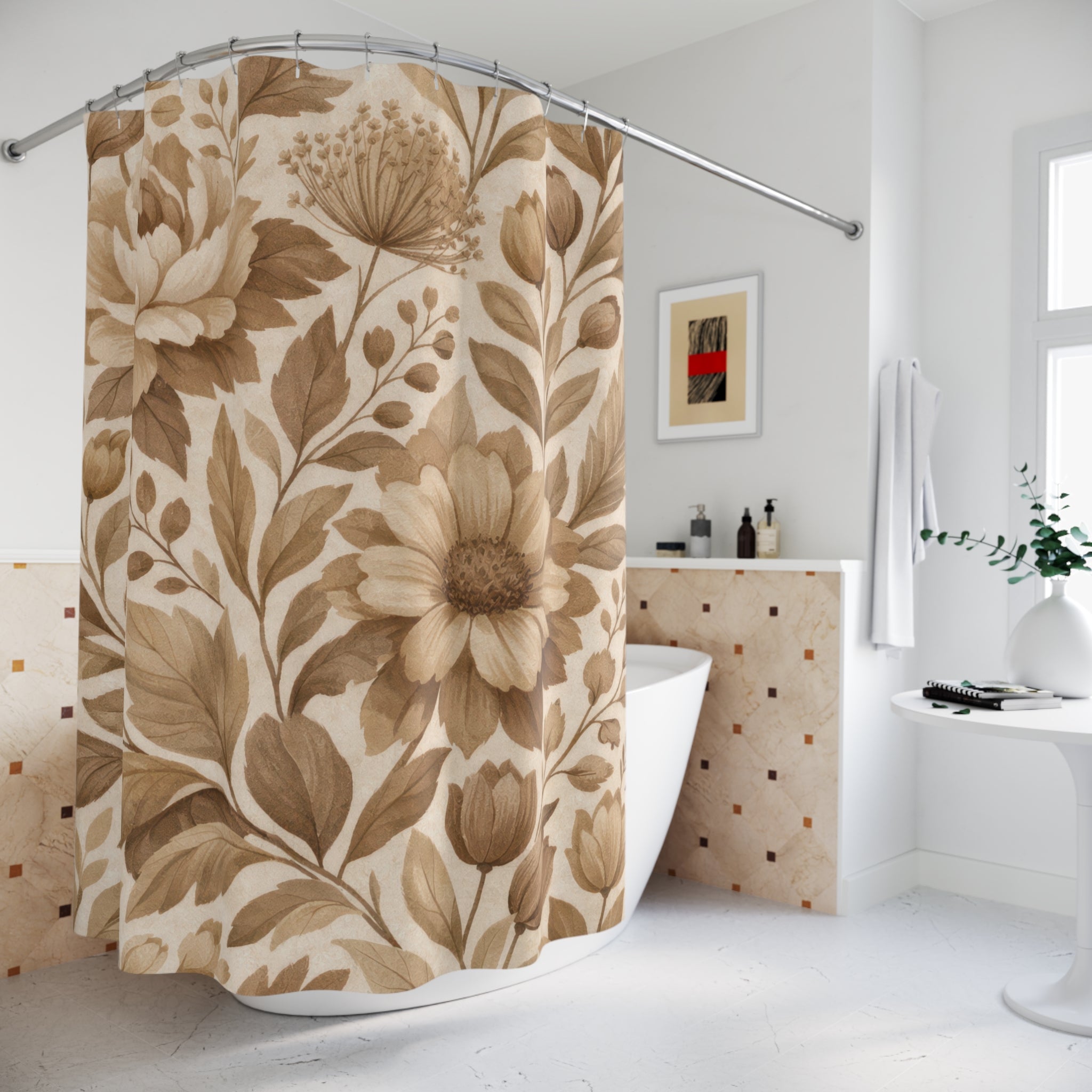 Brown Floral Shower Curtain — Vintage Beige