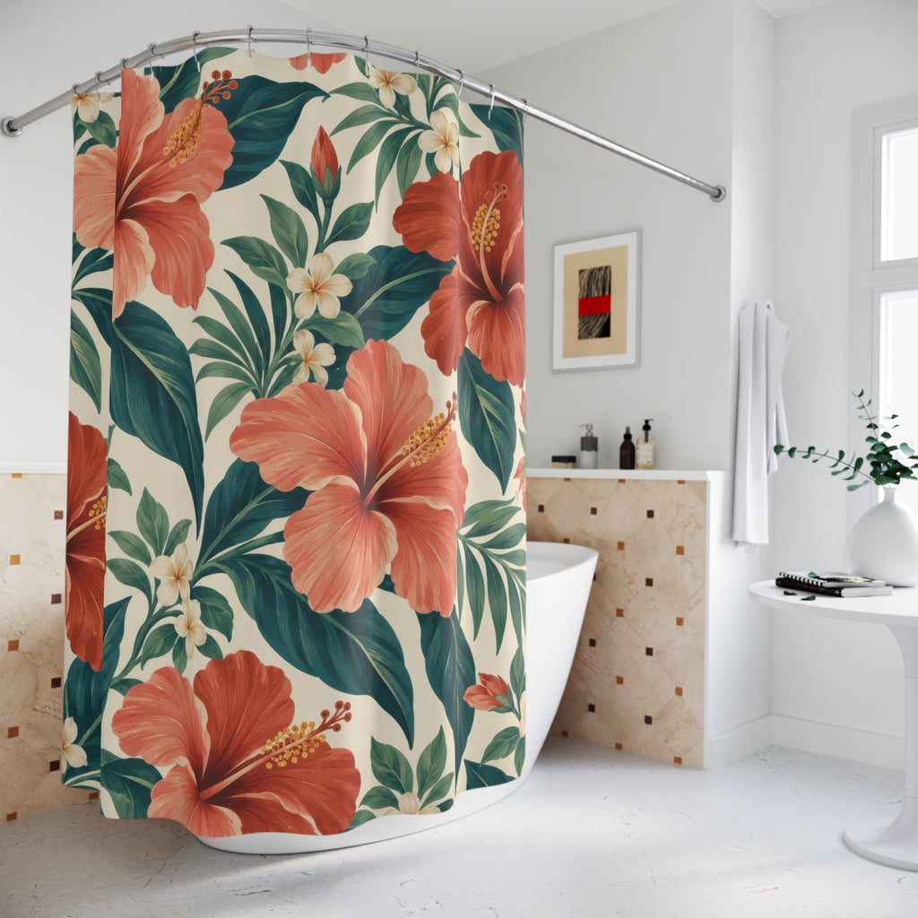 Coral hibiscus with teal leaves on ivory shower curtain beside a freestanding tub