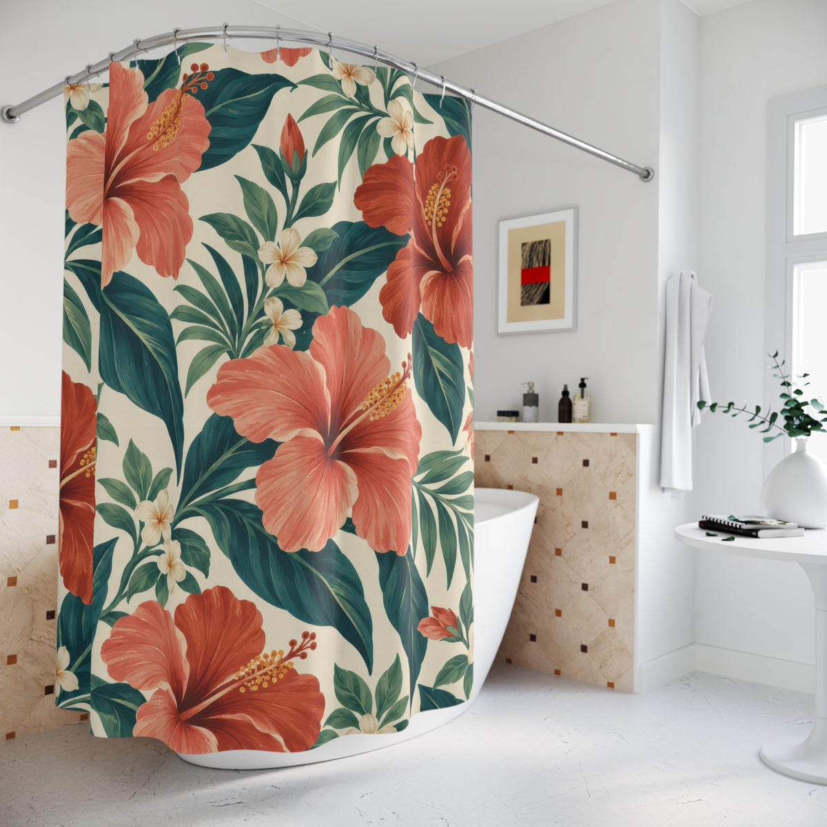 Coral hibiscus with teal leaves on ivory shower curtain beside a freestanding tub