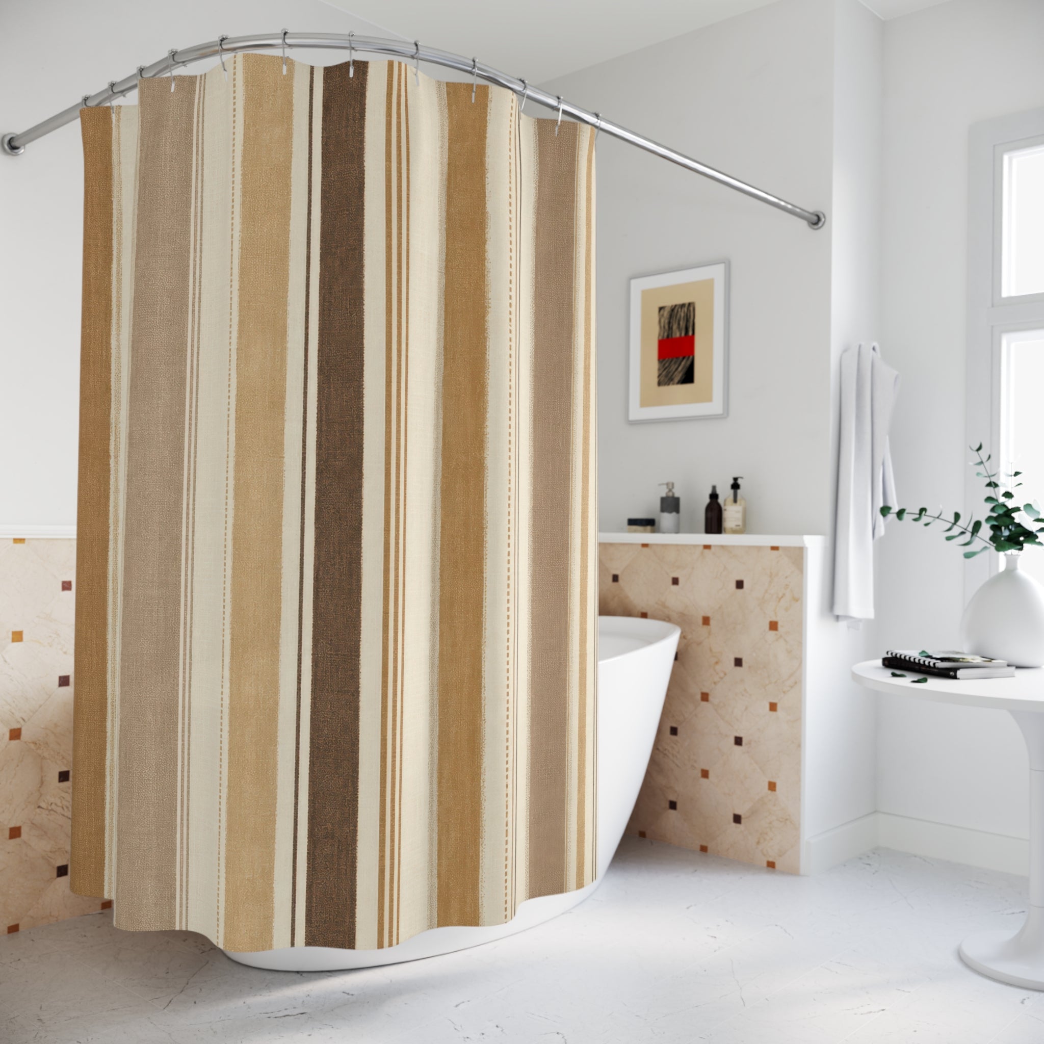 Beige Tan Vertical Stripe Shower Curtain