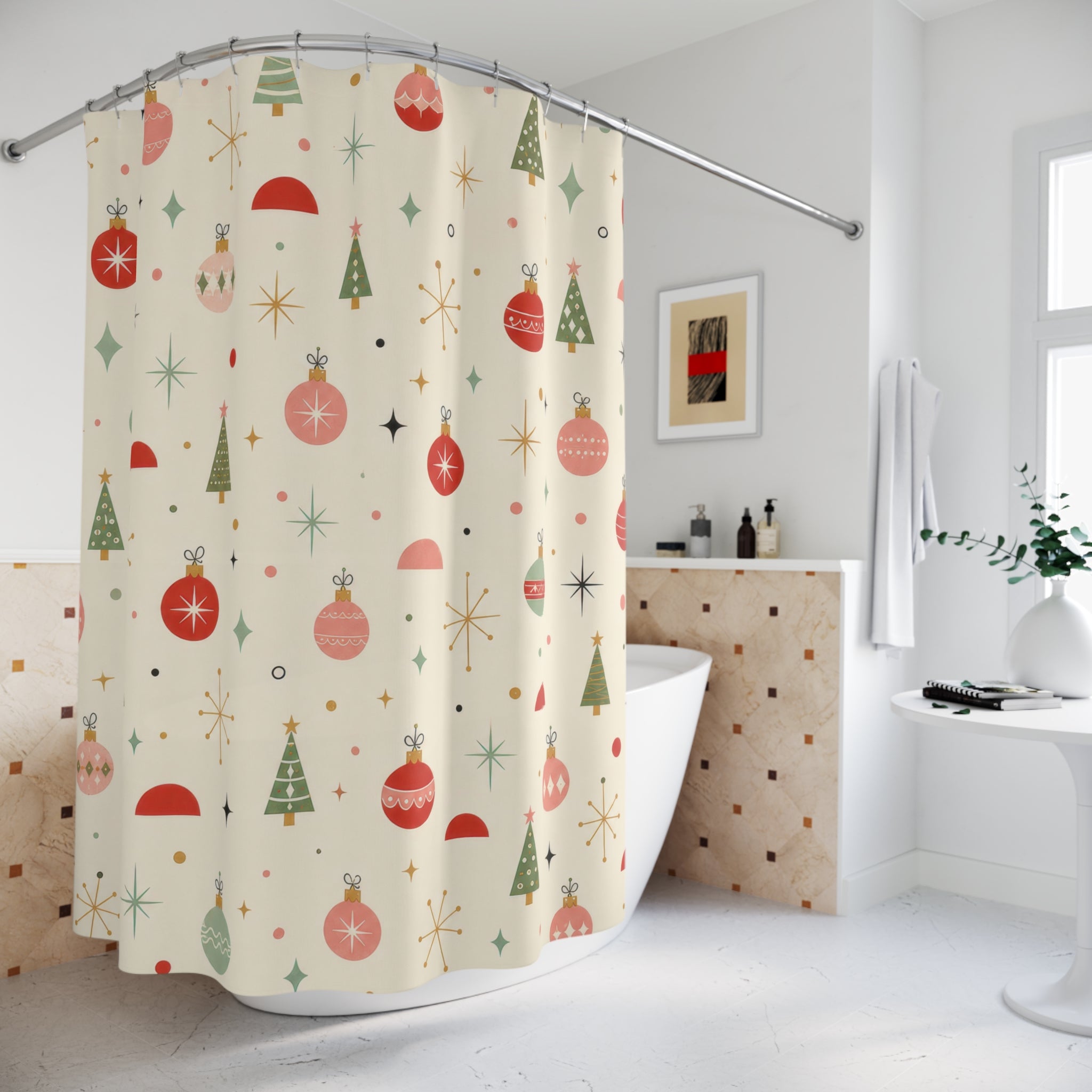 Retro Ornament Christmas Vintage Beige Cream Gold Shower Curtain