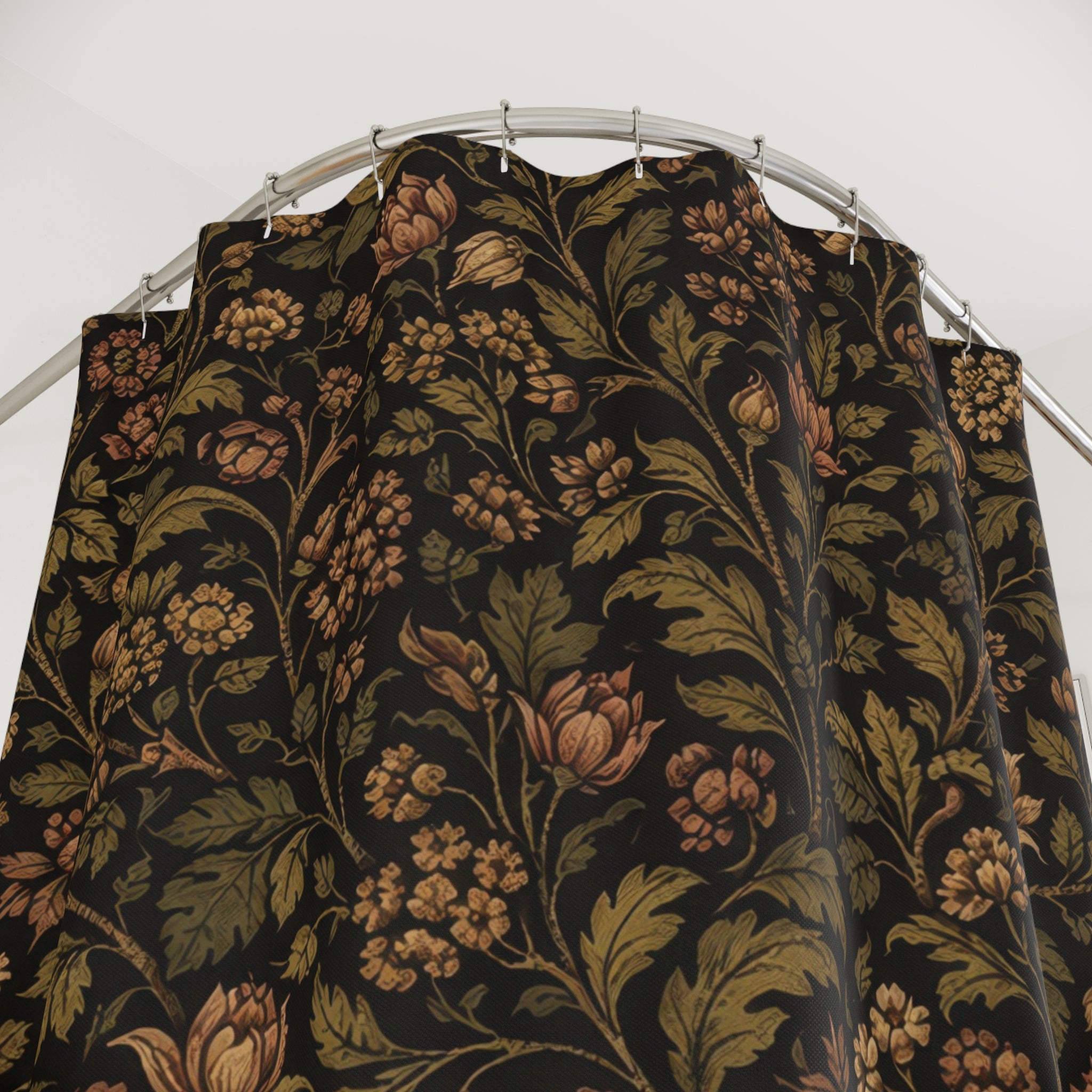 Morris-Inspired Dark Botanical Shower Curtain – Moody