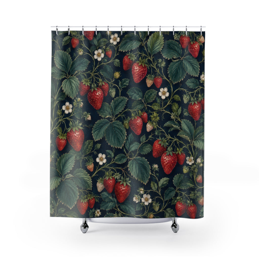Red strawberry clusters with green leaves on navy shower curtain with full front view