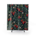 Red strawberry clusters with green leaves on navy shower curtain with full front view