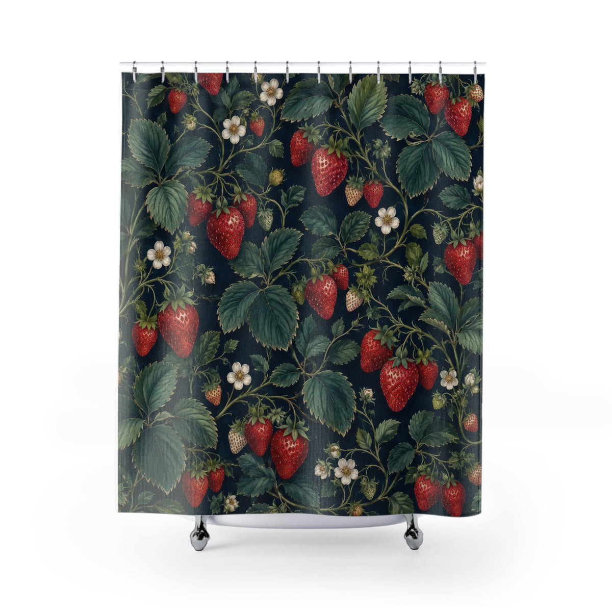 Red strawberry clusters with green leaves on navy shower curtain with full front view