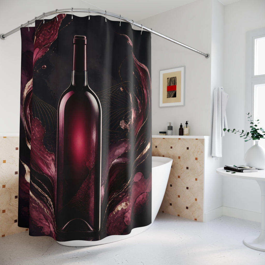 Burgundy wine bottle framed by sweeping plum ribbons shower curtain beside a freestanding tub