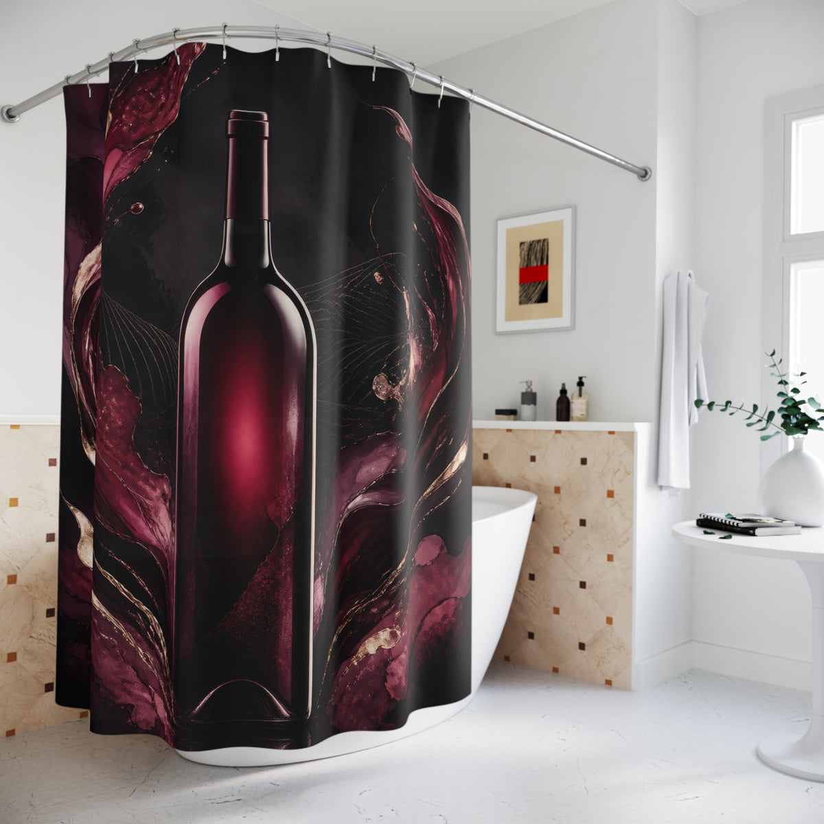 Burgundy wine bottle framed by sweeping plum ribbons shower curtain beside a freestanding tub