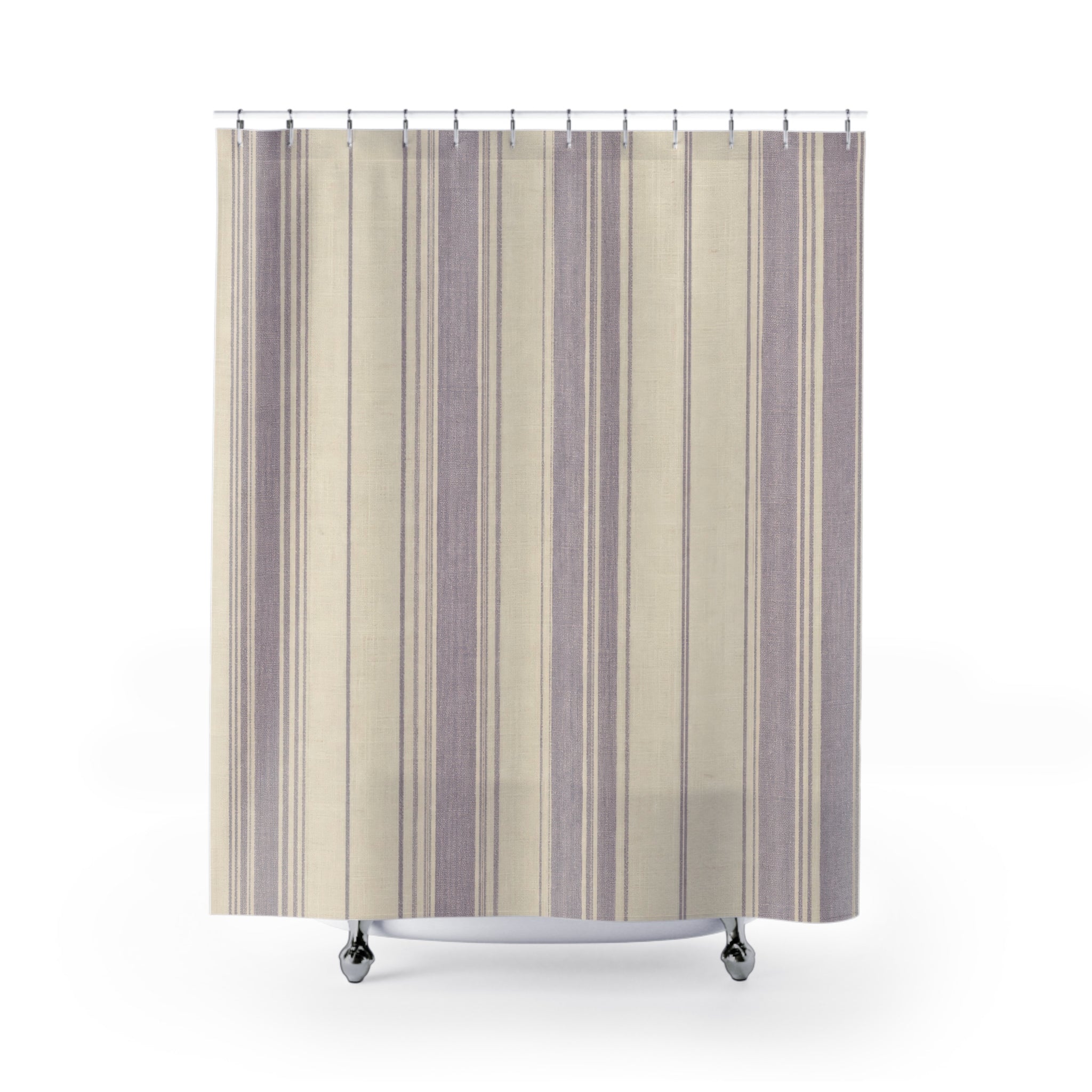 Striped Shower Curtain, French Country Bath Decor, Lavender Beige Vertical Stripe Pattern, Soft Neutral Guest Bathroom Decor Style