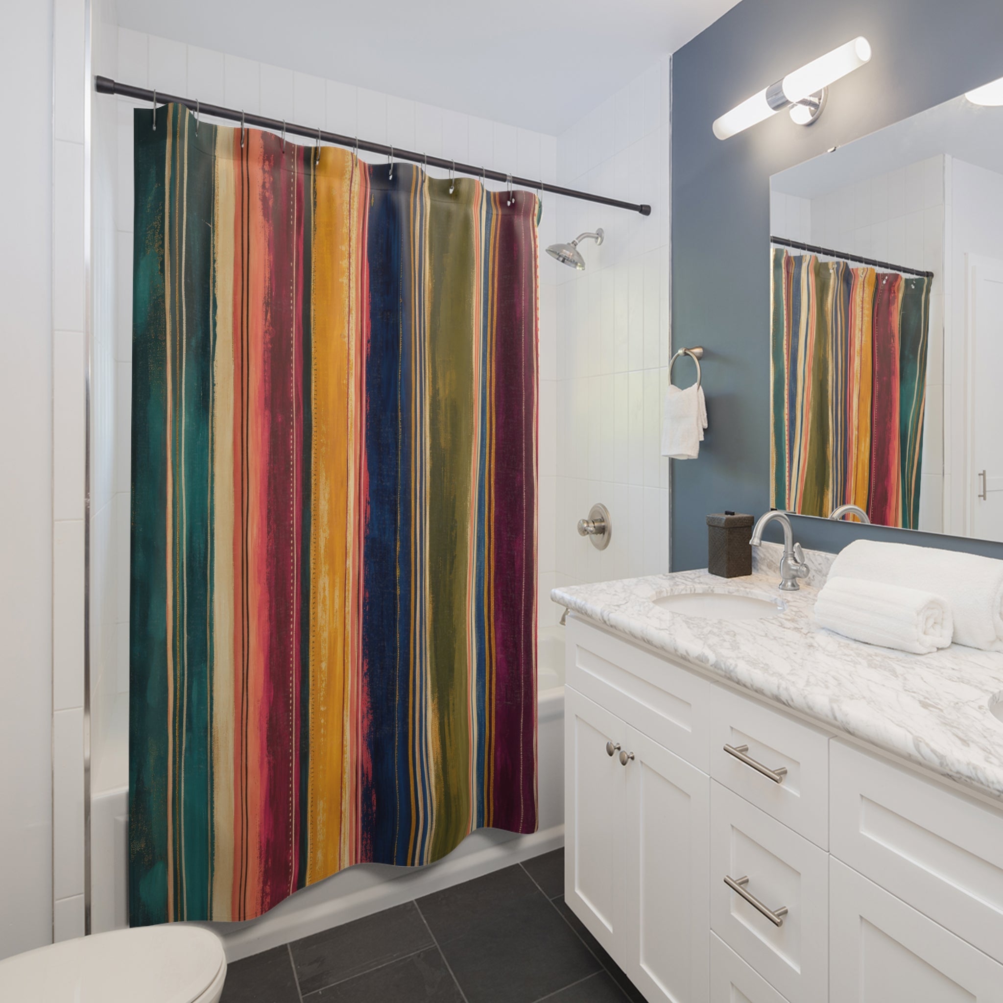 Dark Teal Rainbow Stripe Shower Curtain