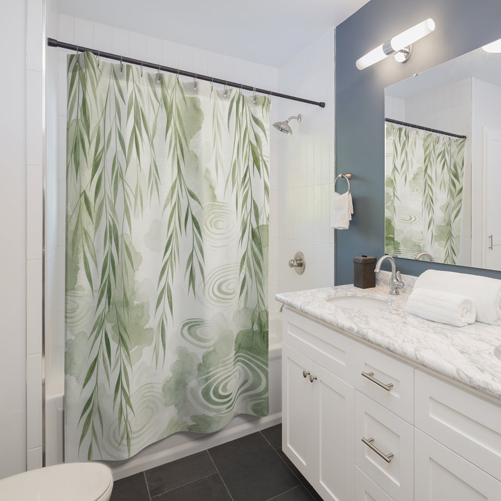 Green White Willow Branch botanical shower curtain beside a white vanity