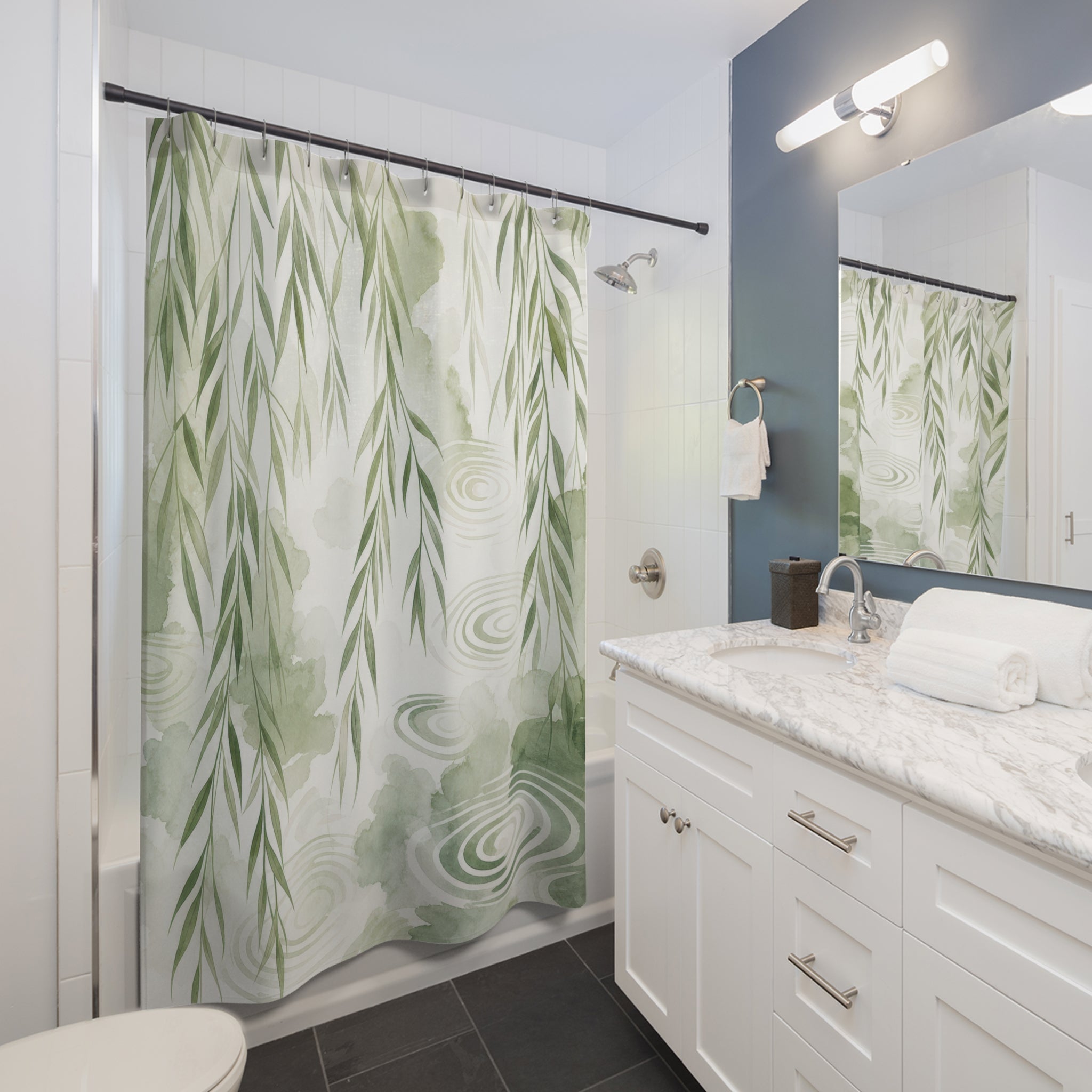 Green White Willow Branch Shower Curtain