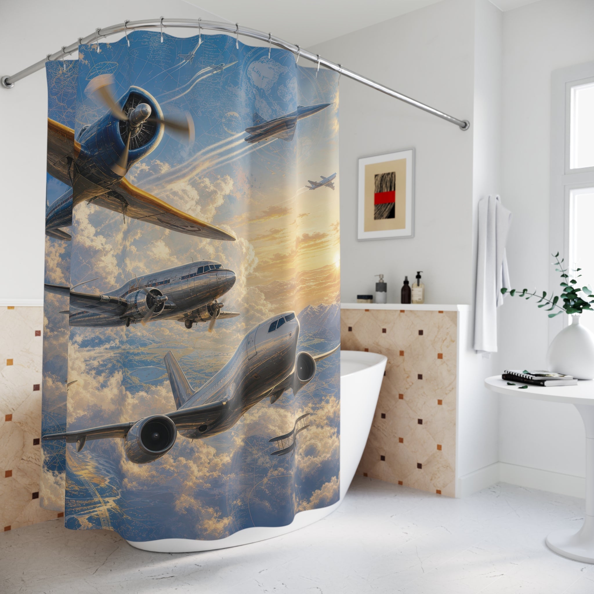Airplane Shower Curtain: Vintage Aviation Sky
