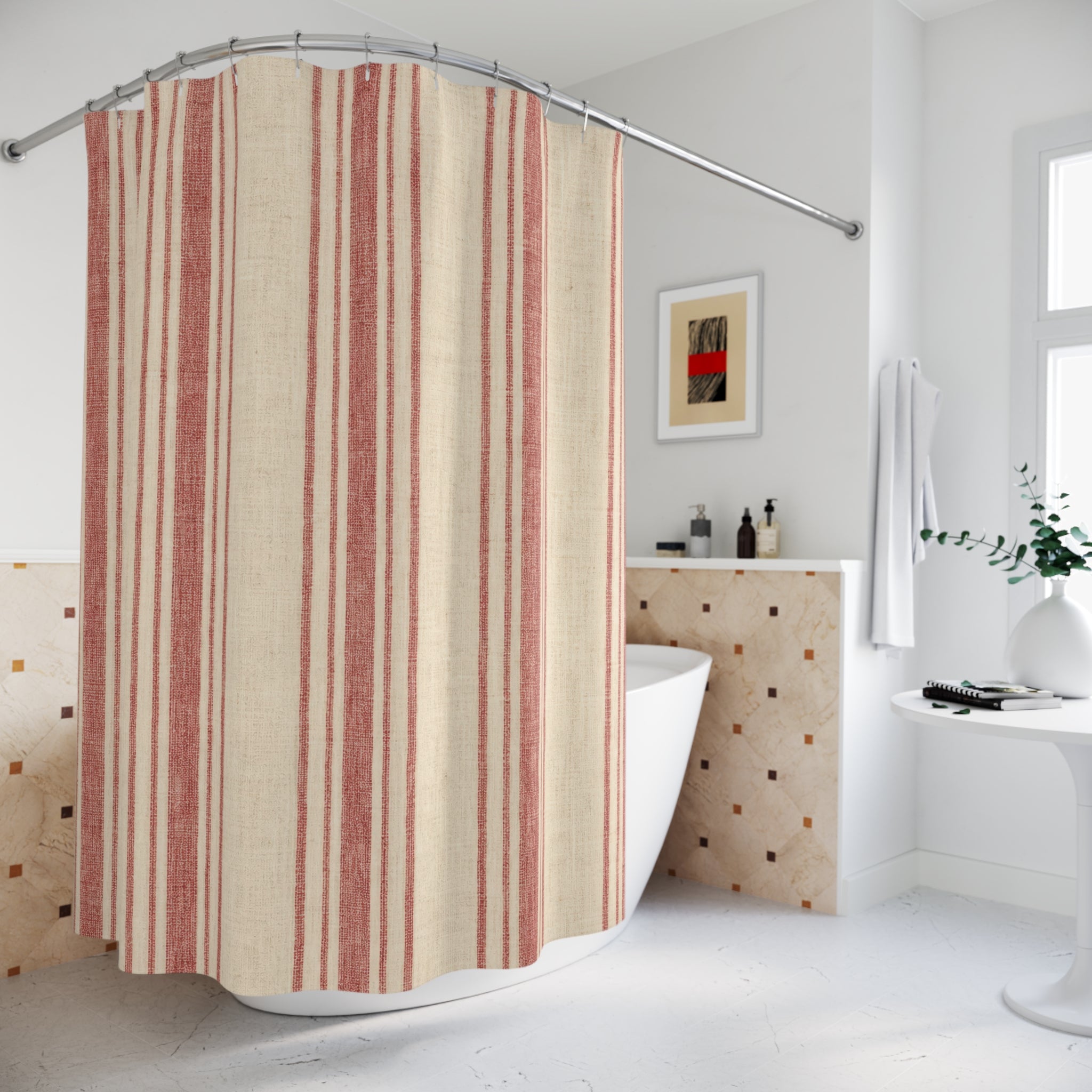 Washed Red and White Ticking Shower Curtain