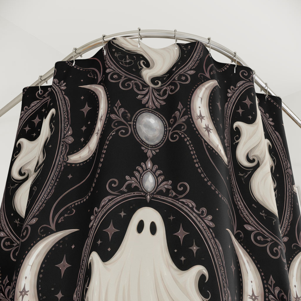 Ivory white ghost cameos with mauve crescents shower curtain with close-up print, hooks, and folds