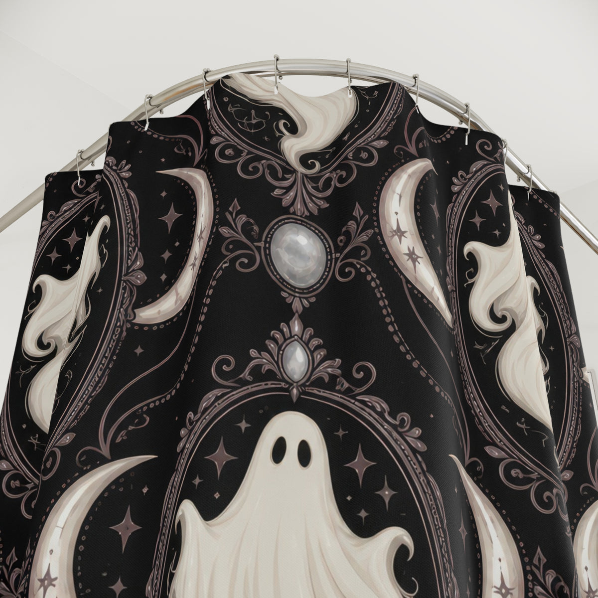 Ivory white ghost cameos with mauve crescents shower curtain with close-up print, hooks, and folds