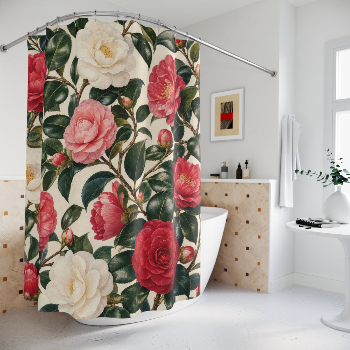 Pink White Botanical Flower red shower curtain beside a freestanding tub